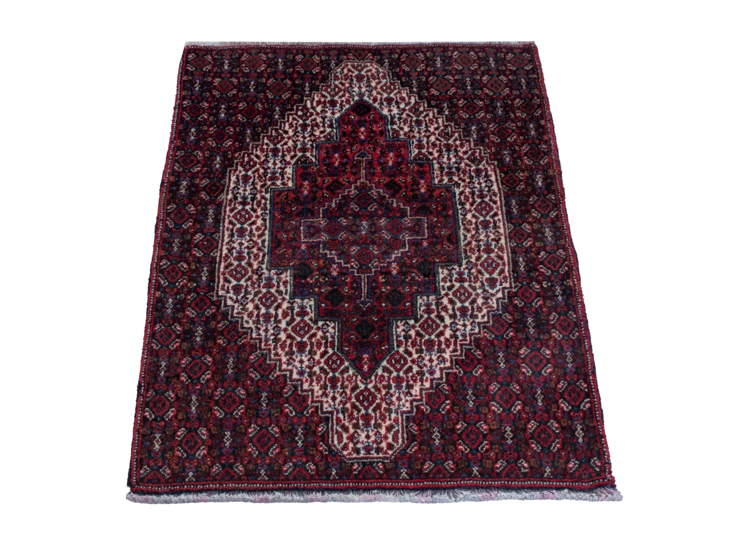 Persian Sanandaj accent rug in burgundy and cream, view 2 of 7