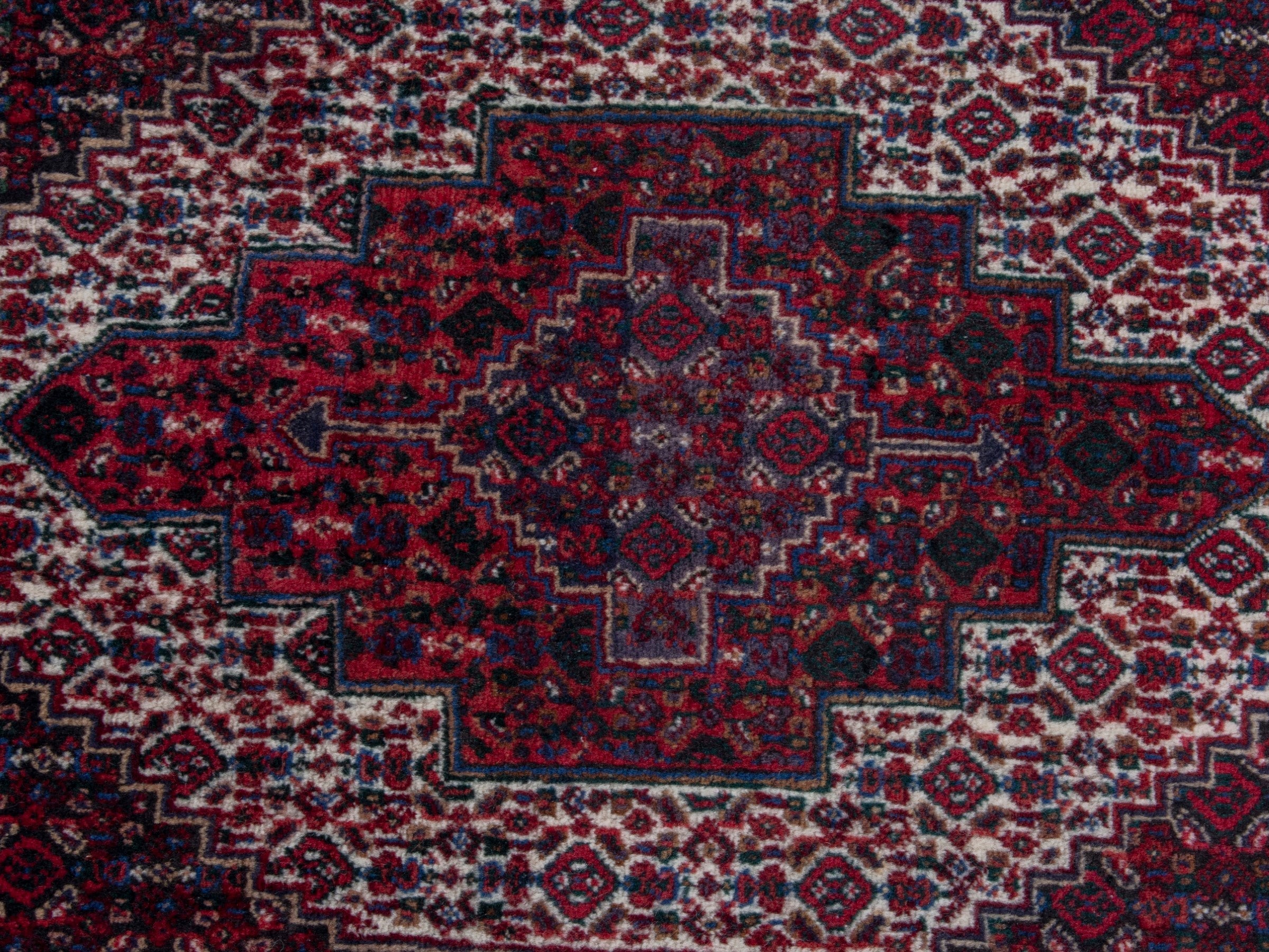 Persian Sanandaj accent rug in burgundy and cream, view 6 of 7