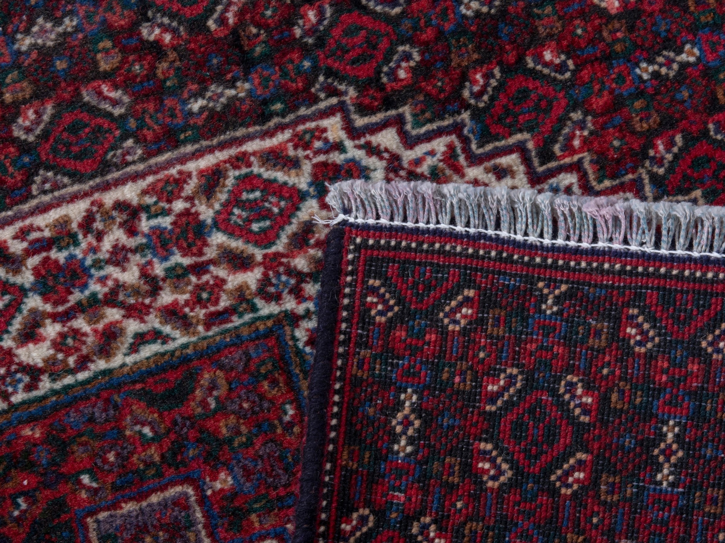 Persian Sanandaj accent rug in burgundy and cream, view 7 of 7