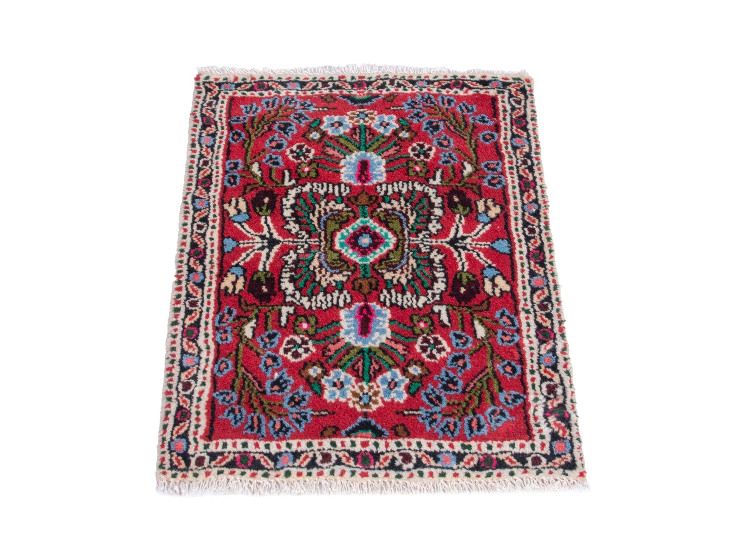 Persian Hamedan accent rug in deep red and navy, view 2 of 8