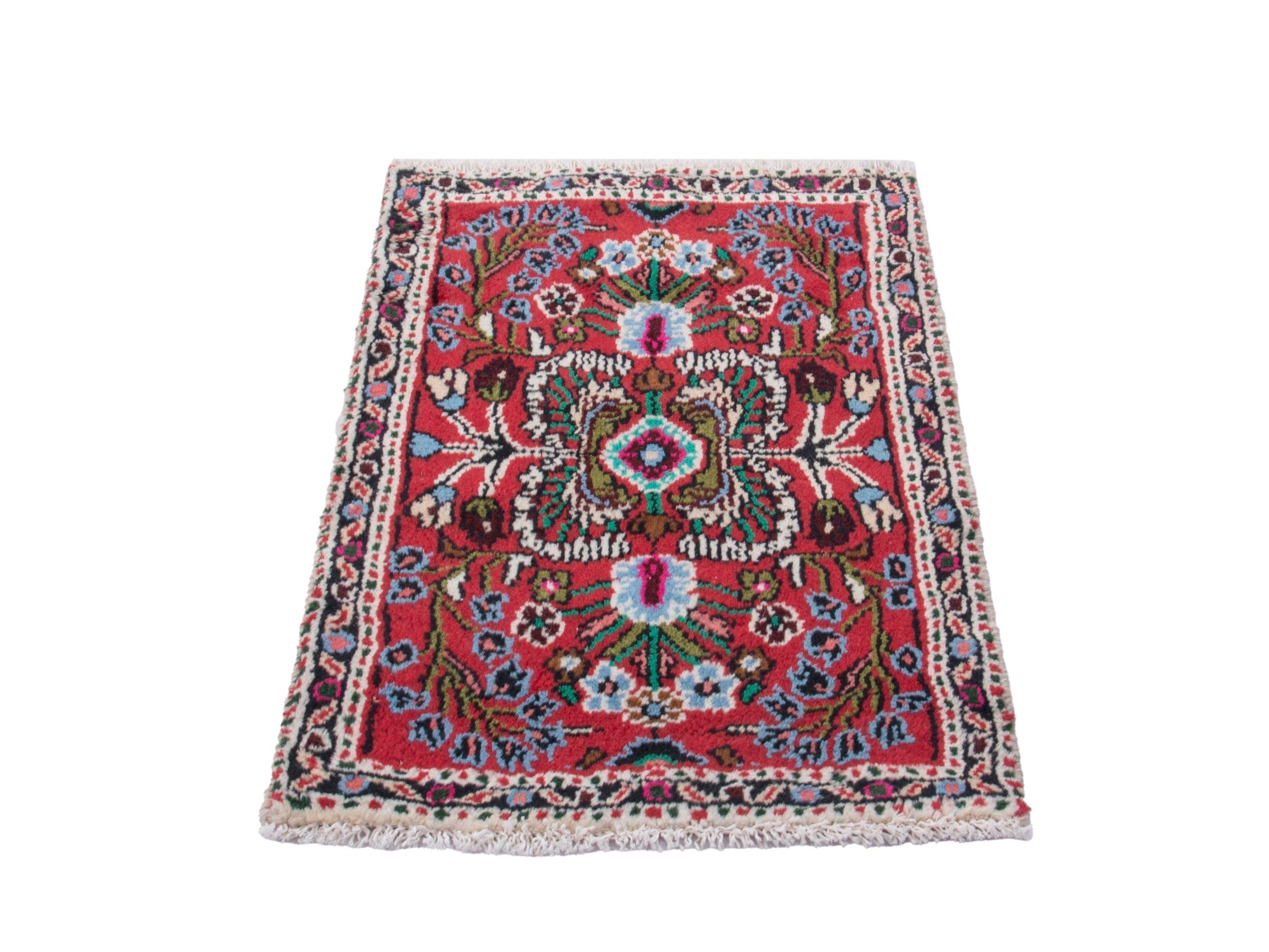 Persian Hamedan accent rug in deep red and navy, view 3 of 8