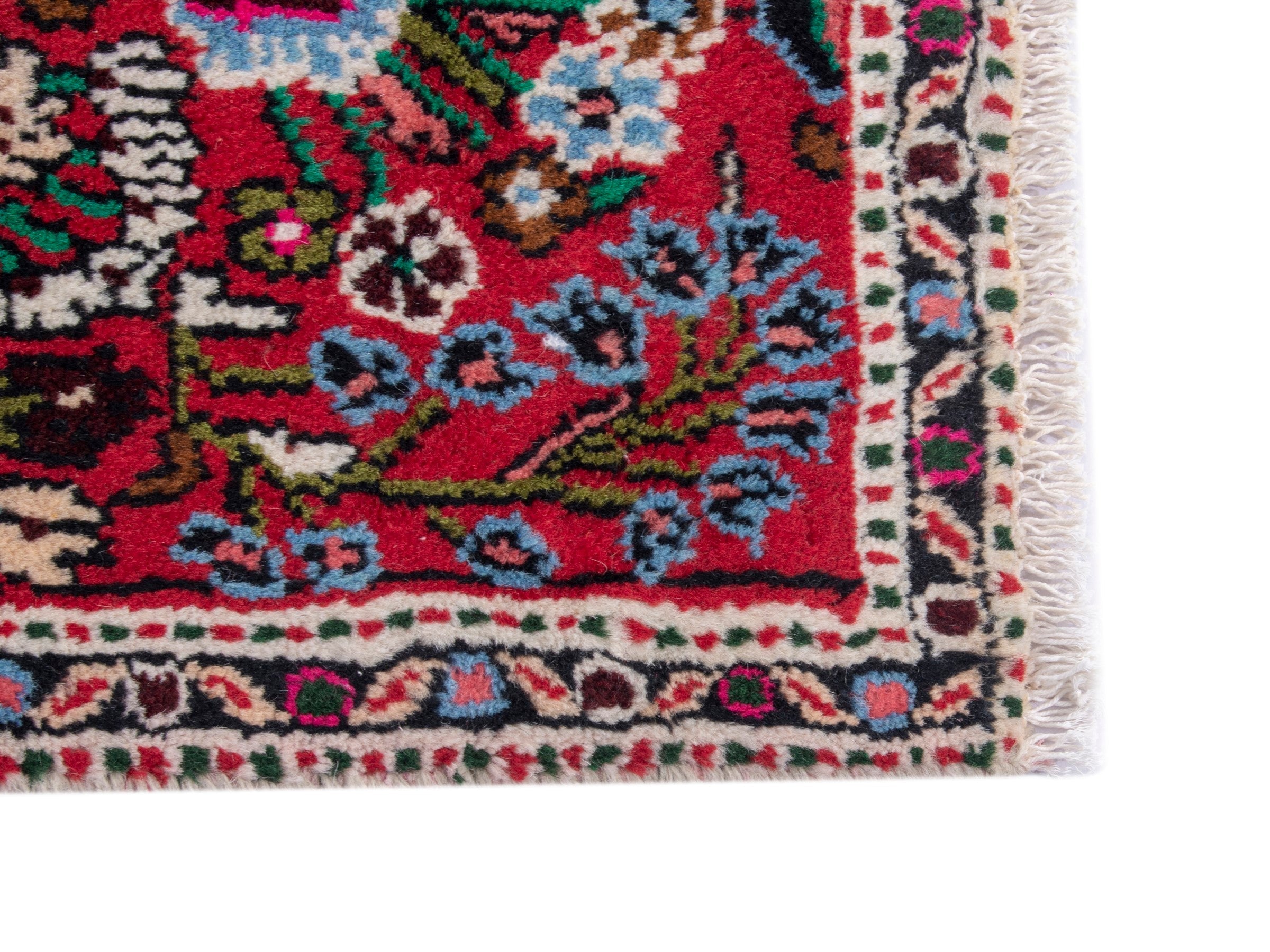 Persian Hamedan accent rug in deep red and navy, view 4 of 8