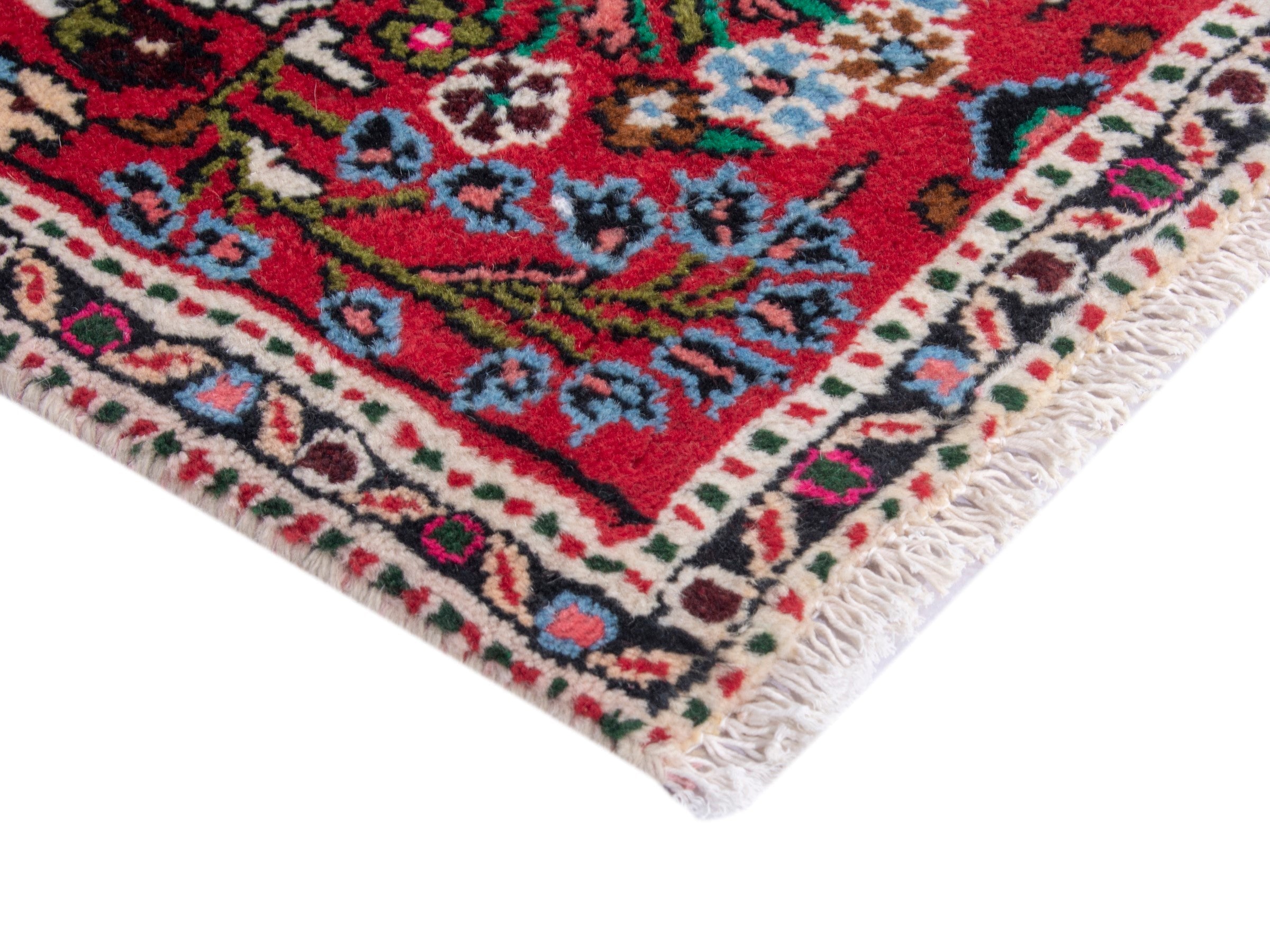 Persian Hamedan accent rug in deep red and navy, view 5 of 8