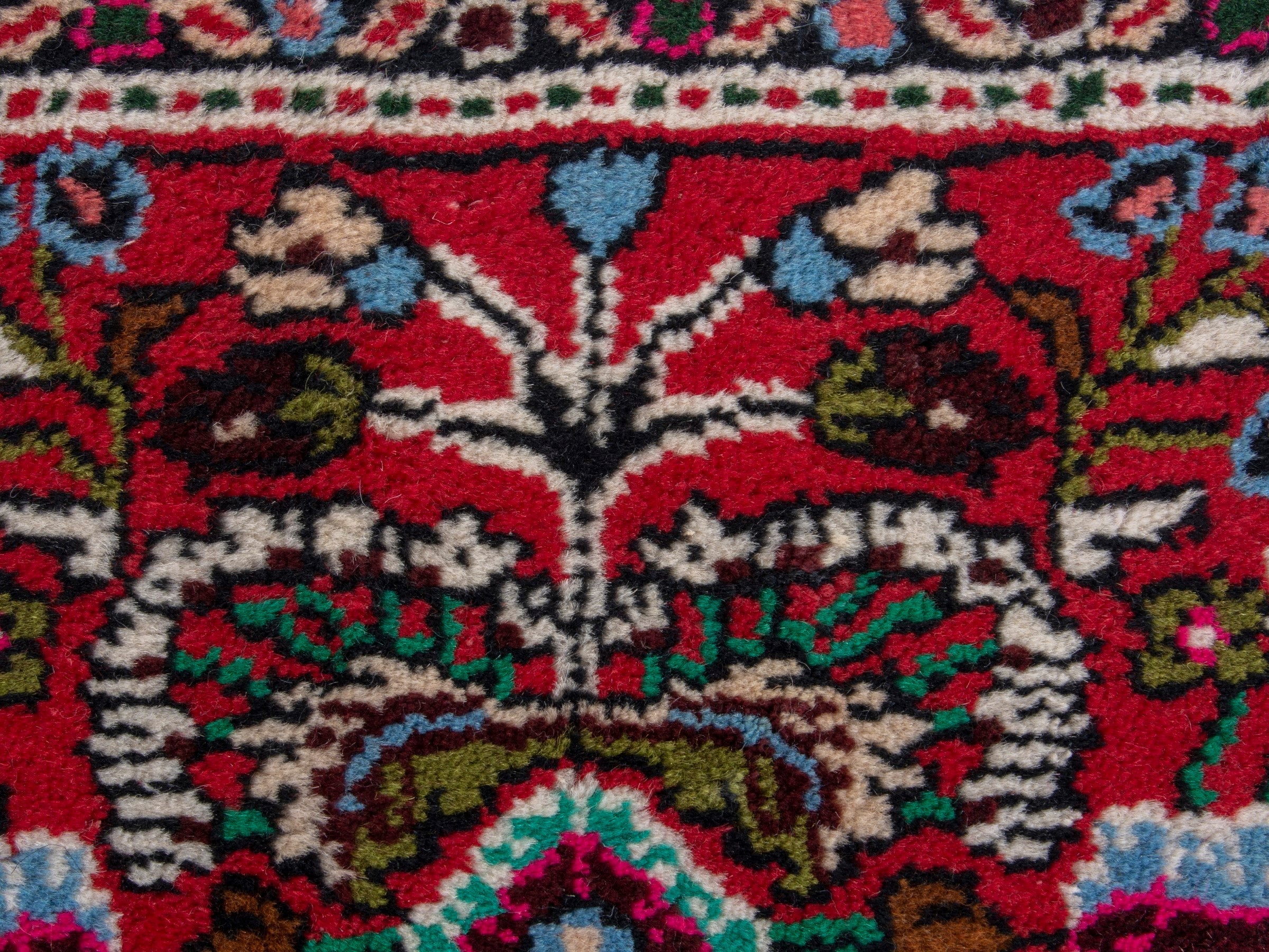 Persian Hamedan accent rug in deep red and navy, view 7 of 8