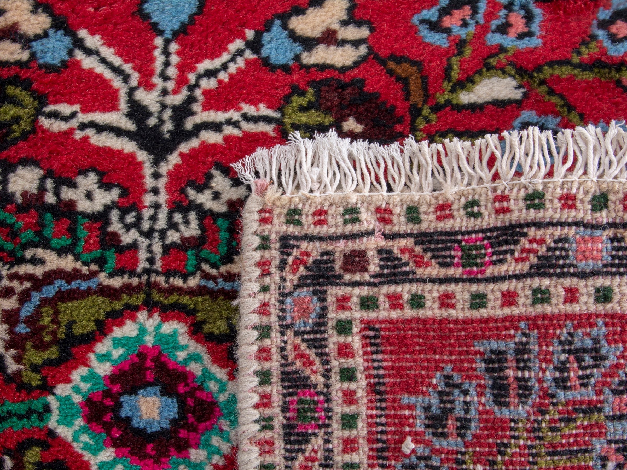Persian Hamedan accent rug in deep red and navy, view 8 of 8