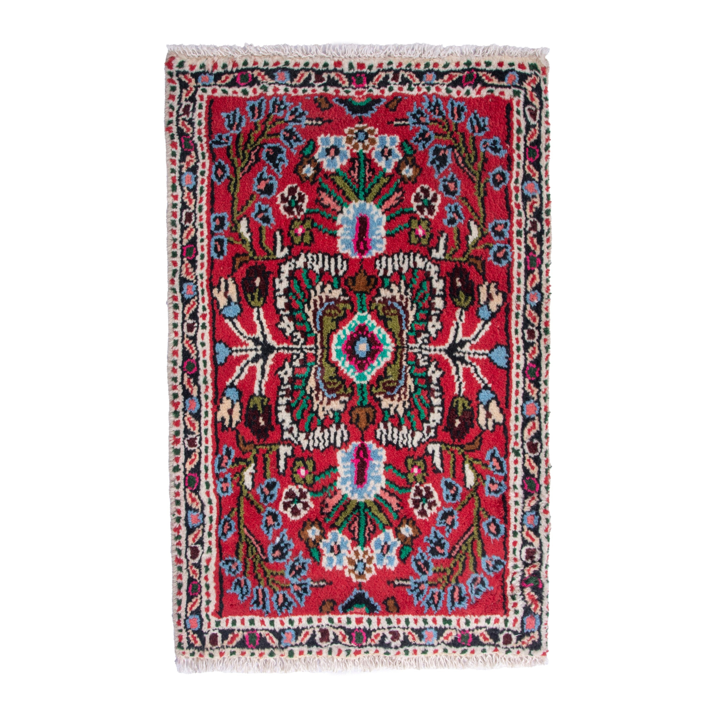 Persian Hamedan accent rug in deep red and navy, 1'8" x 2'6"
