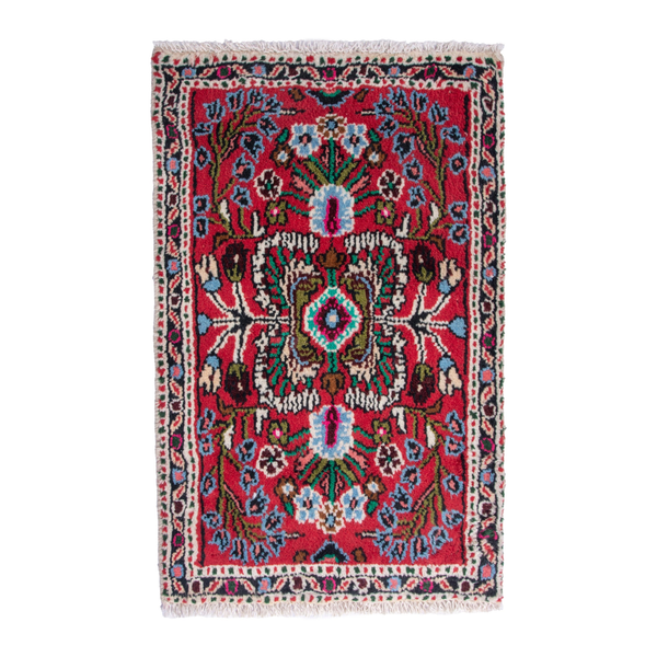 Persian Hamadan accent rug in deep red and navy, 1'8" x 2'6"