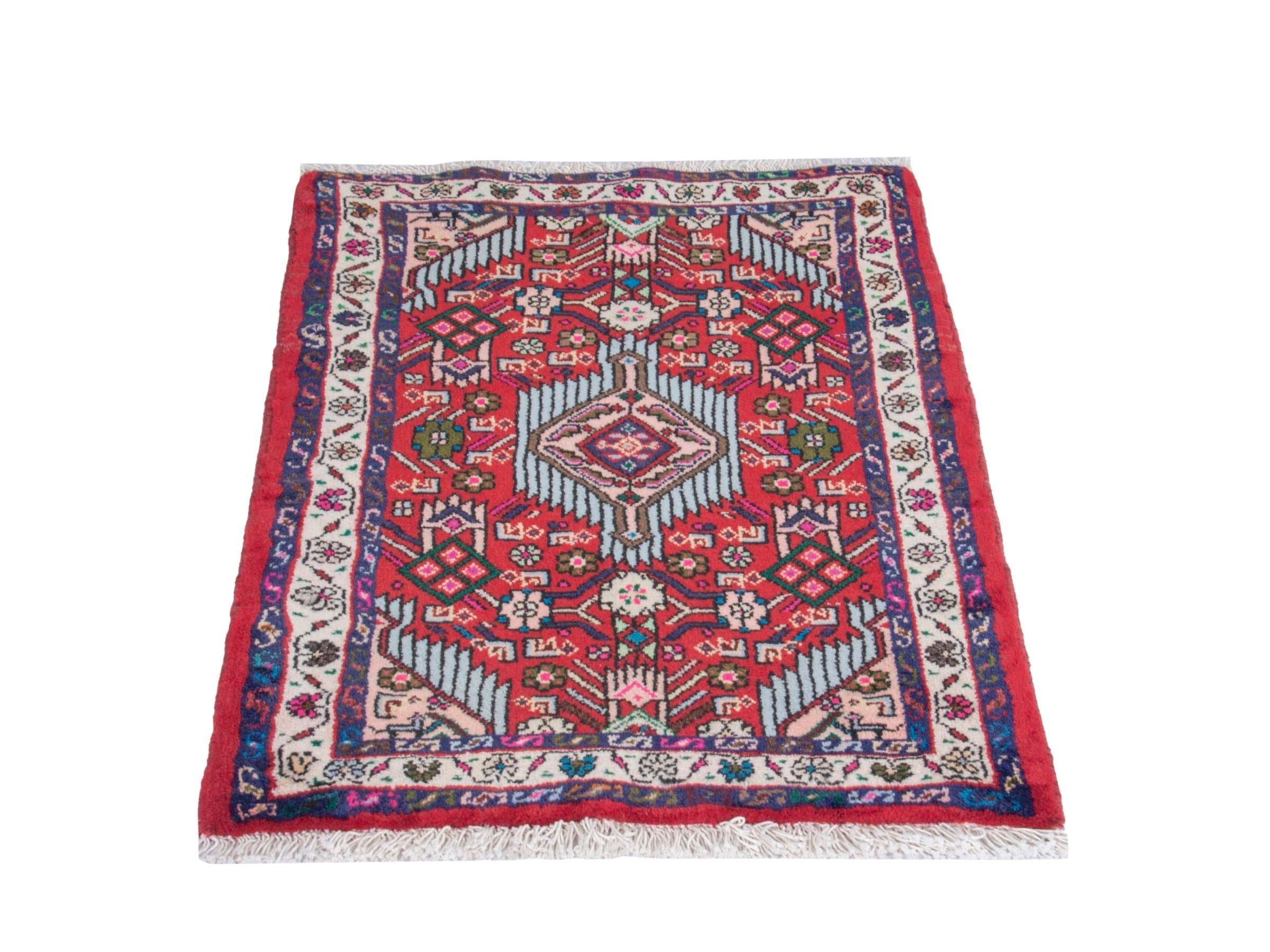 Persian Hamedan accent rug in deep red and cream, view 2 of 8