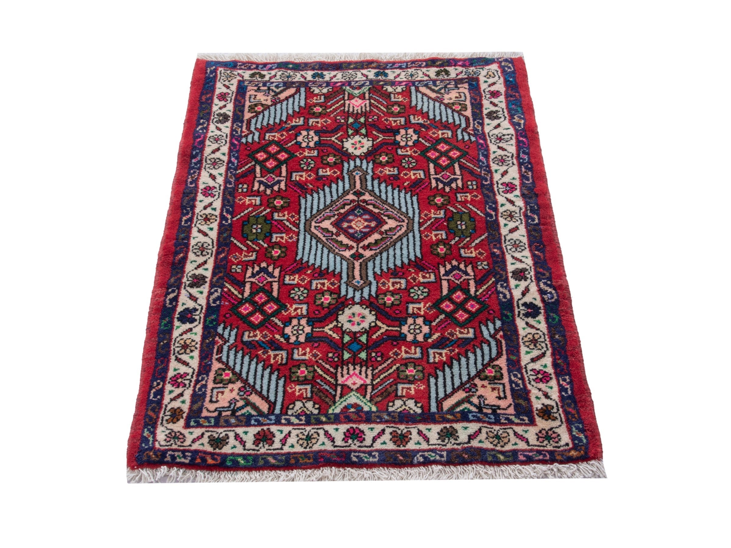 Persian Hamedan accent rug in deep red and cream, view 3 of 8