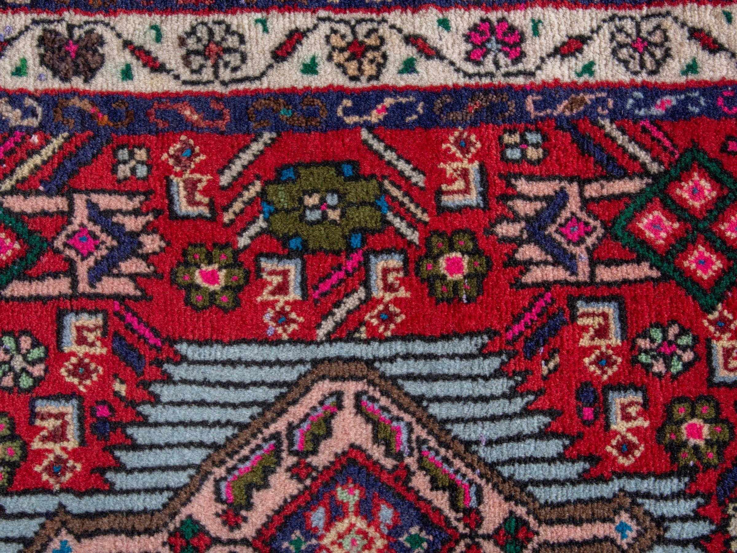 Persian Hamedan accent rug in deep red and cream, view 7 of 8