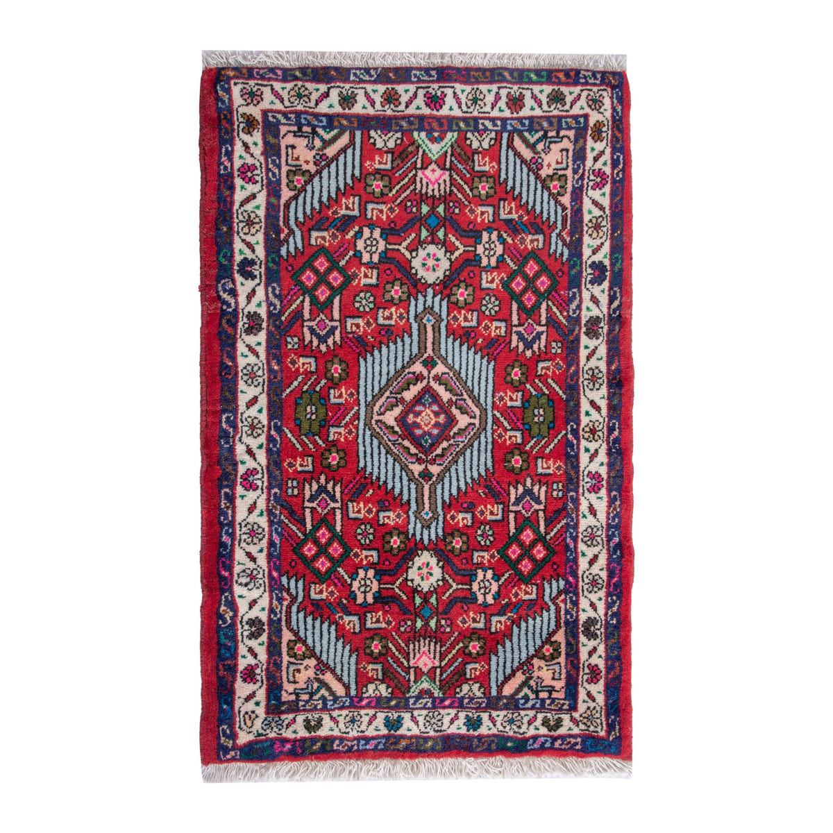 Persian Hamedan accent rug in deep red and cream, 2' x 2'9"