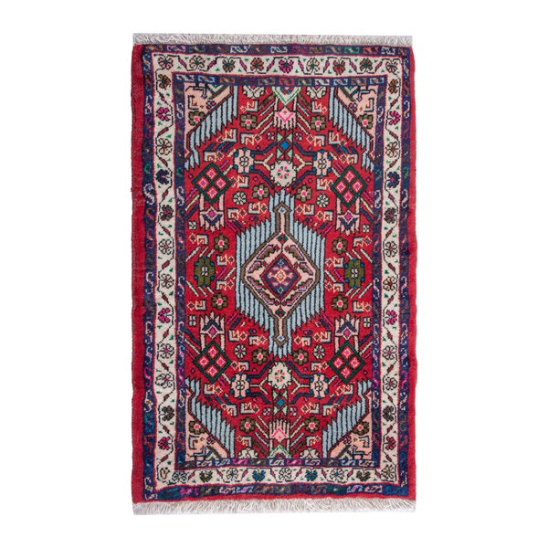 Persian Hamadan accent rug in deep red and cream, 2' x 2'9"