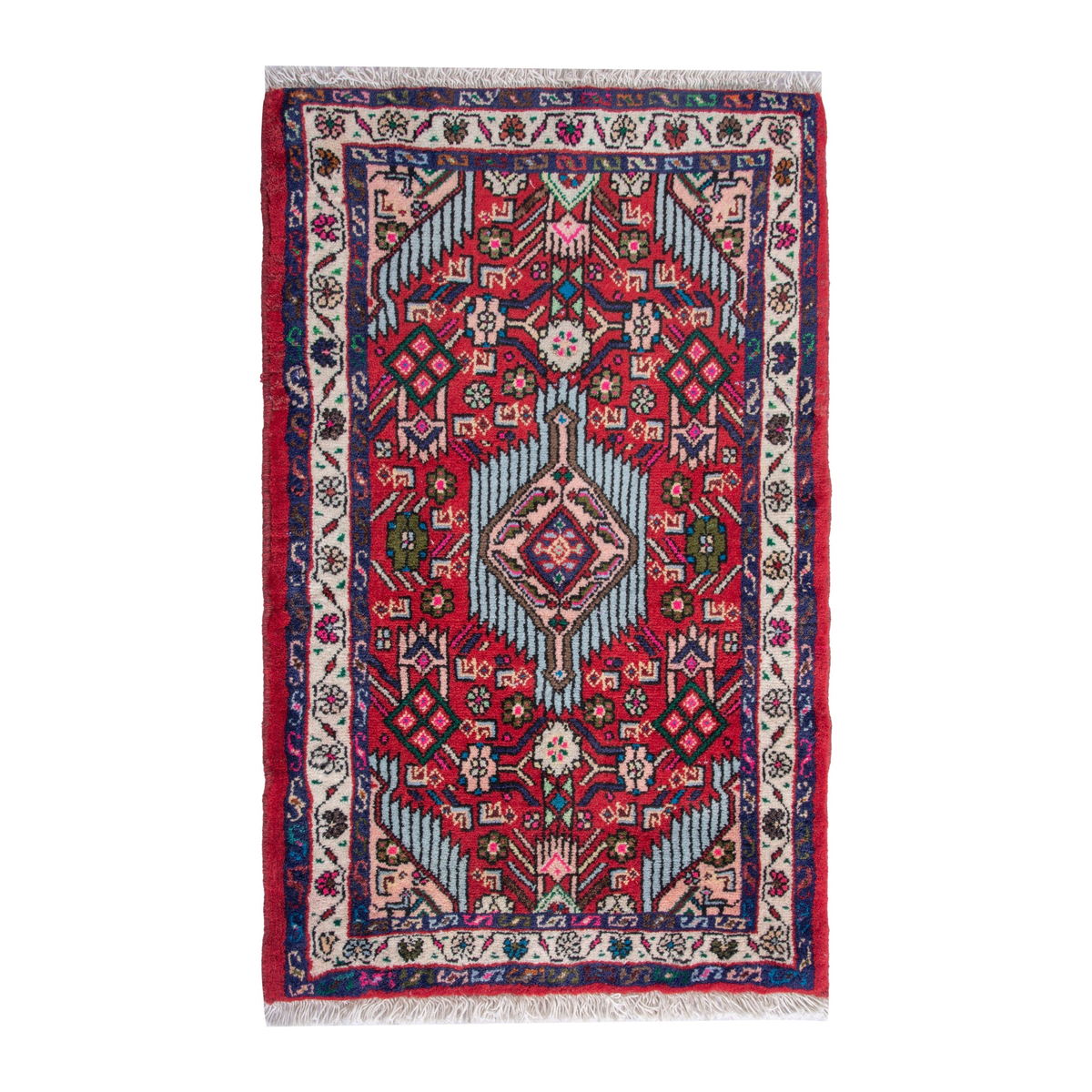 Persian Hamedan accent rug in deep red and cream, 2' x 2'9"