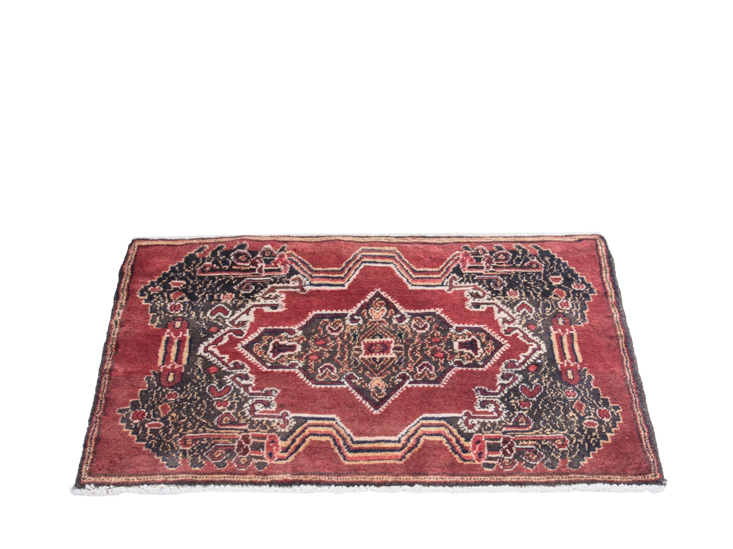Persian Hamedan accent rug in deep red and black, view 2 of 8
