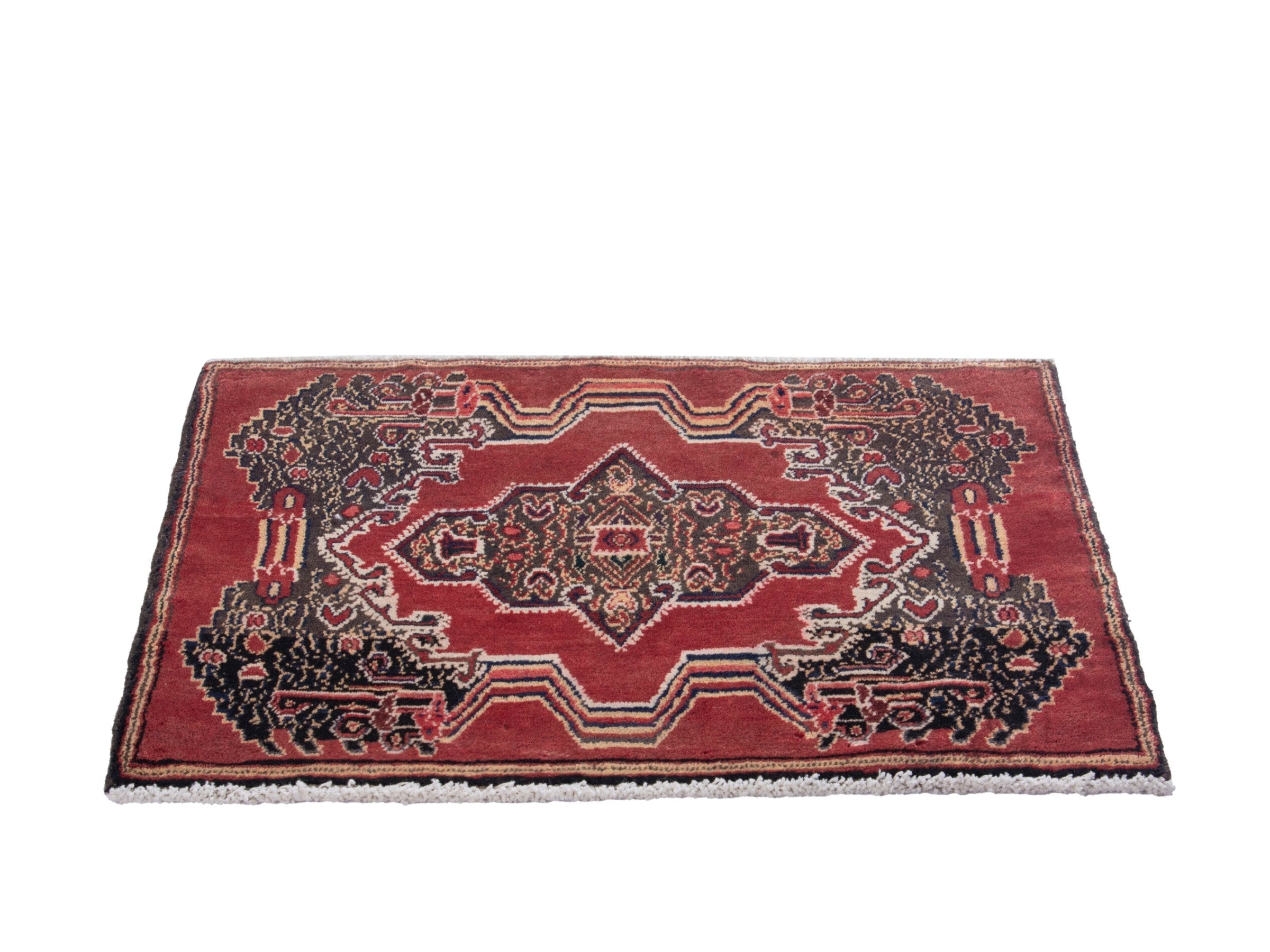 Persian Hamedan accent rug in deep red and black, view 3 of 8