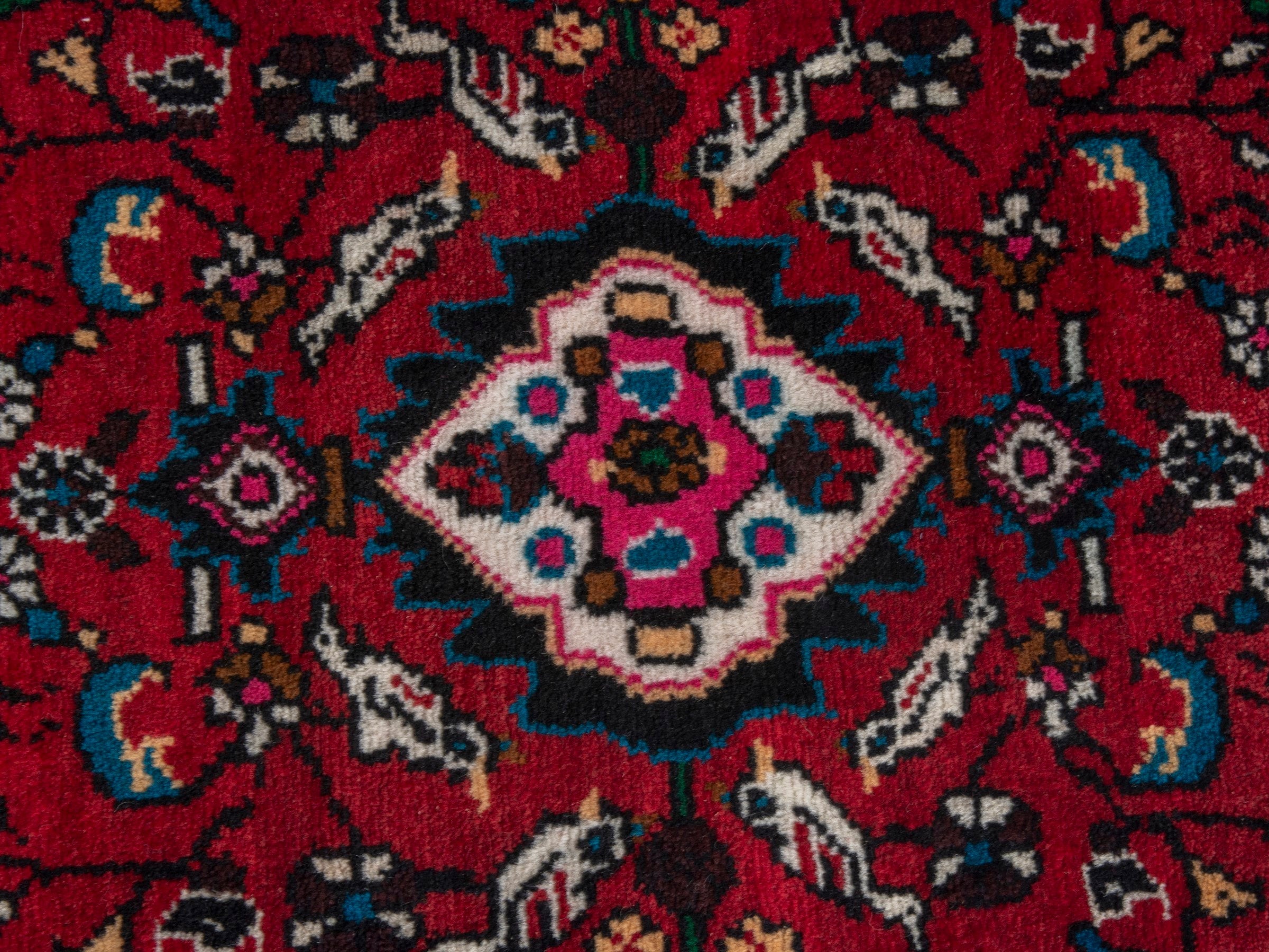 Persian Hamedan accent rug in deep red and black cherry, view 6 of 7