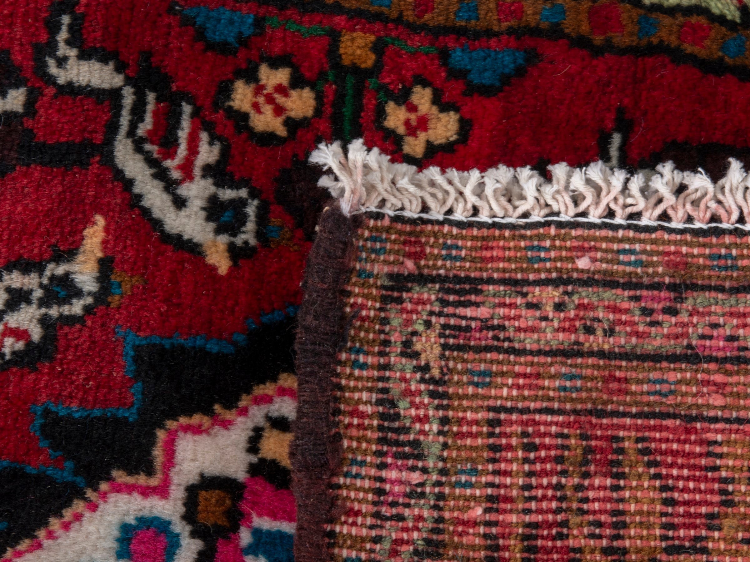 Persian Hamedan accent rug in deep red and black cherry, view 7 of 7