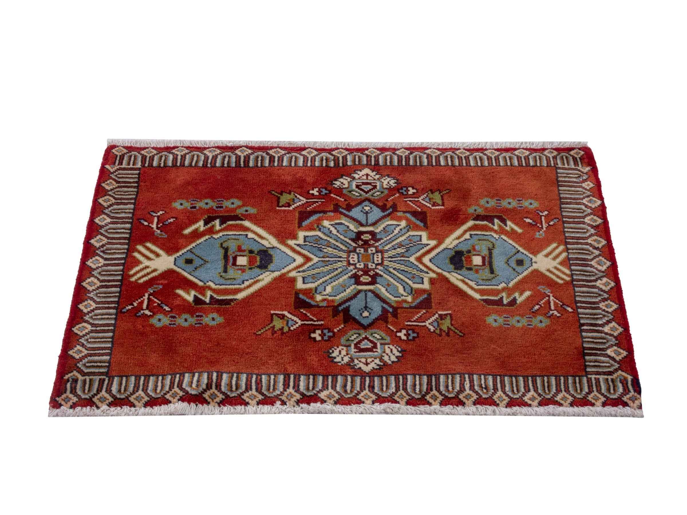 Persian Torkaman accent rug in deep red and off-white, view 2 of 7