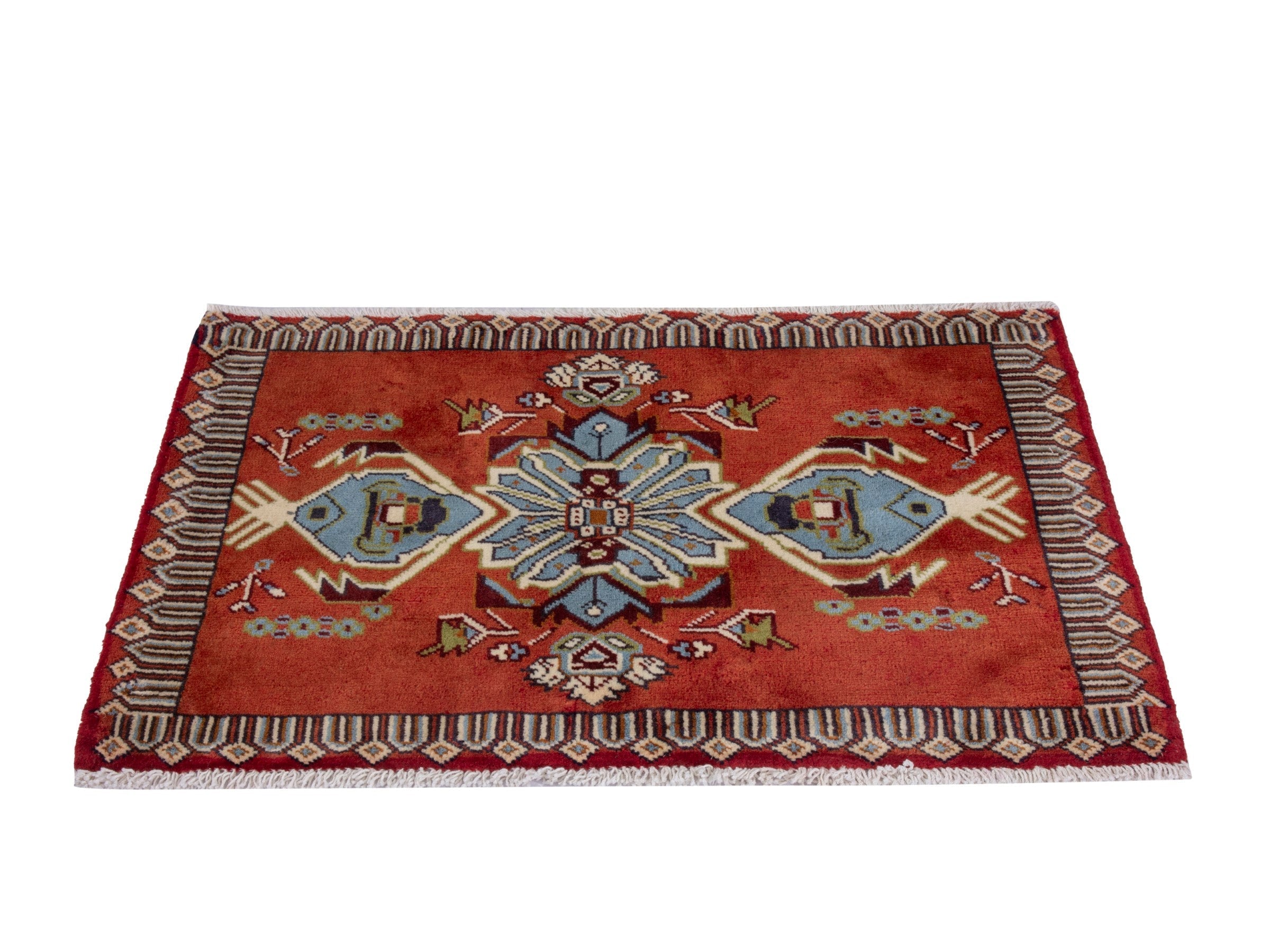 Persian Torkaman accent rug in deep red and off-white, view 3 of 7