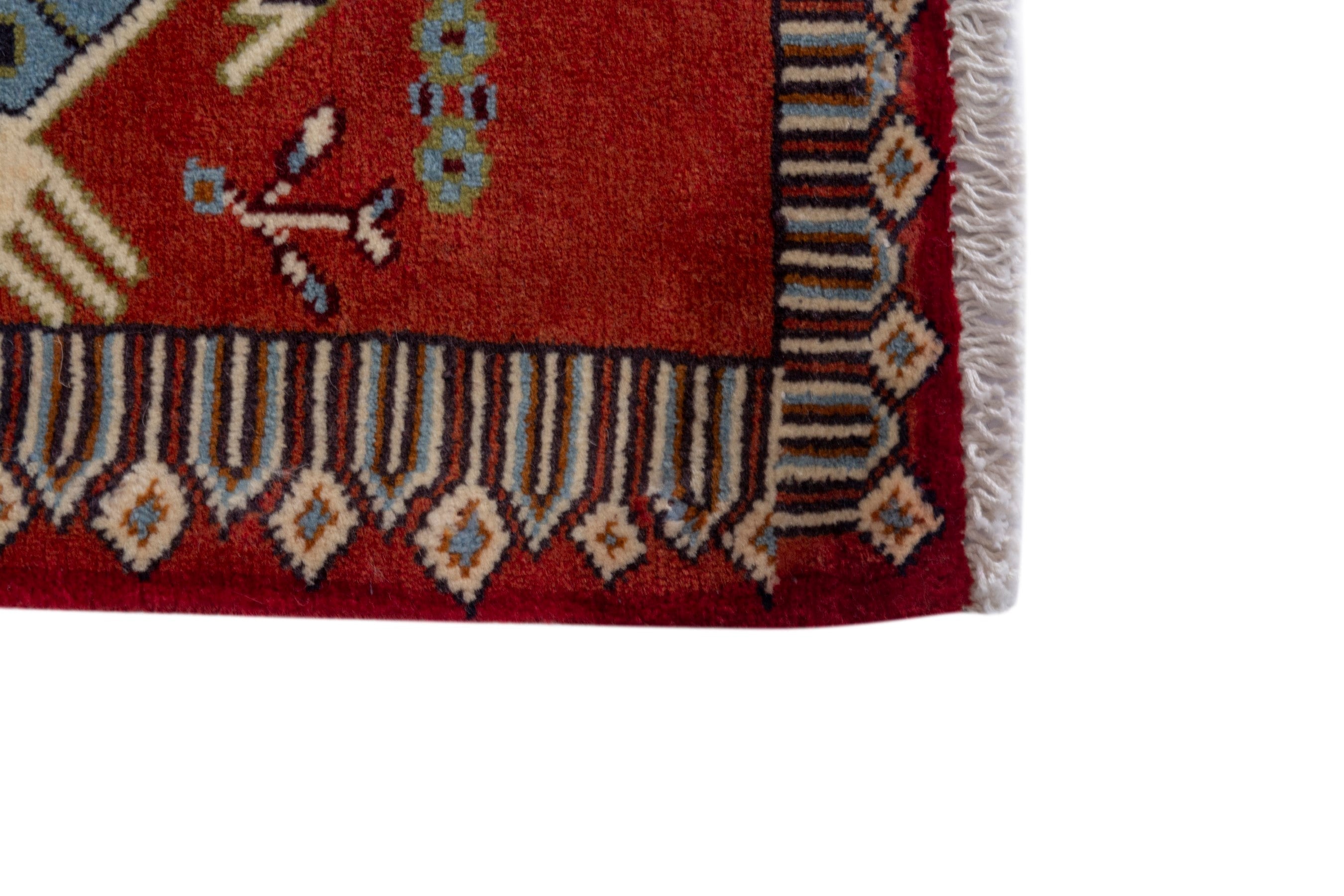 Persian Torkaman accent rug in deep red and off-white, view 4 of 7