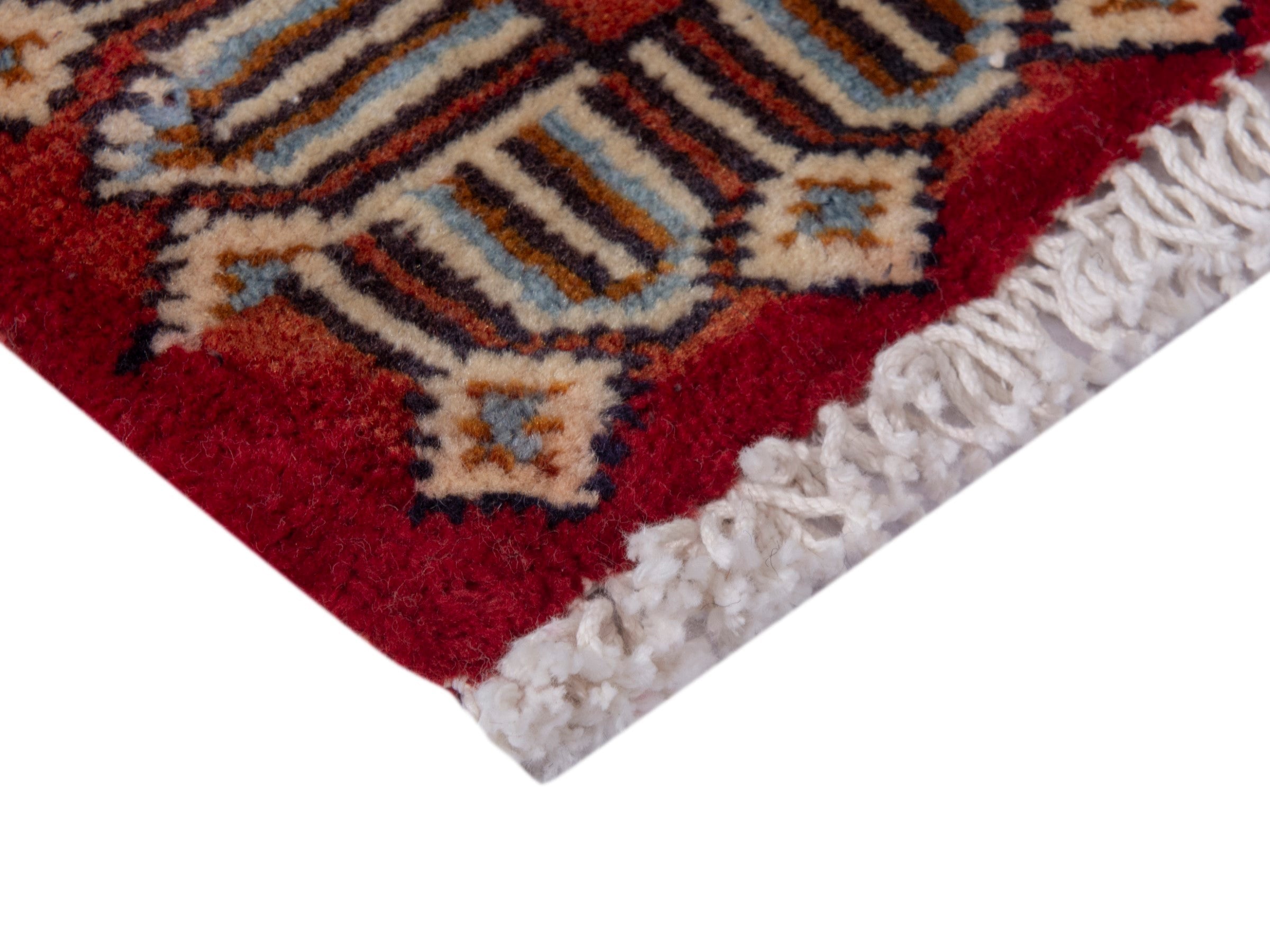 Persian Torkaman accent rug in deep red and off-white, view 5 of 7