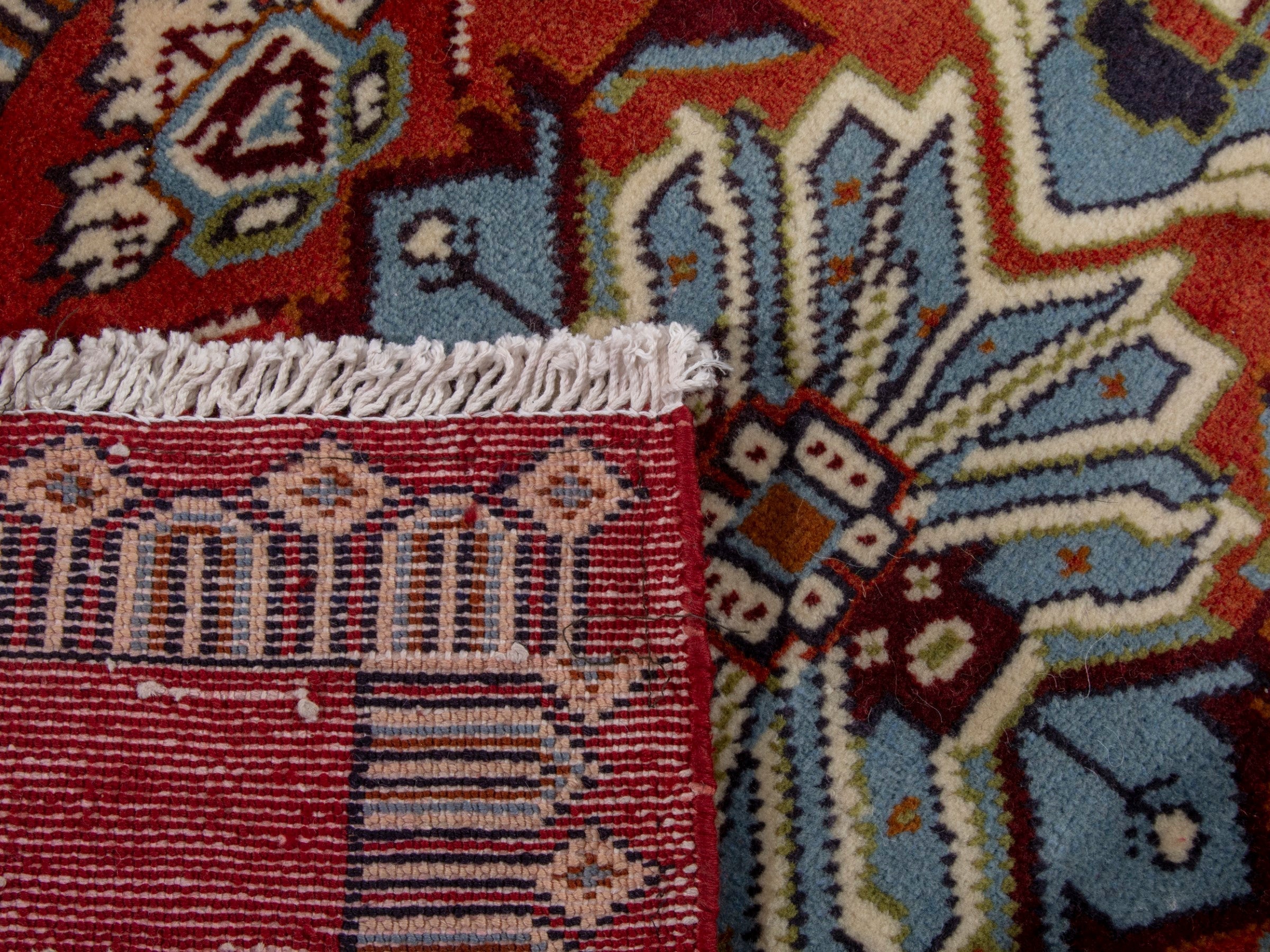 Persian Torkaman accent rug in deep red and off-white, view 7 of 7