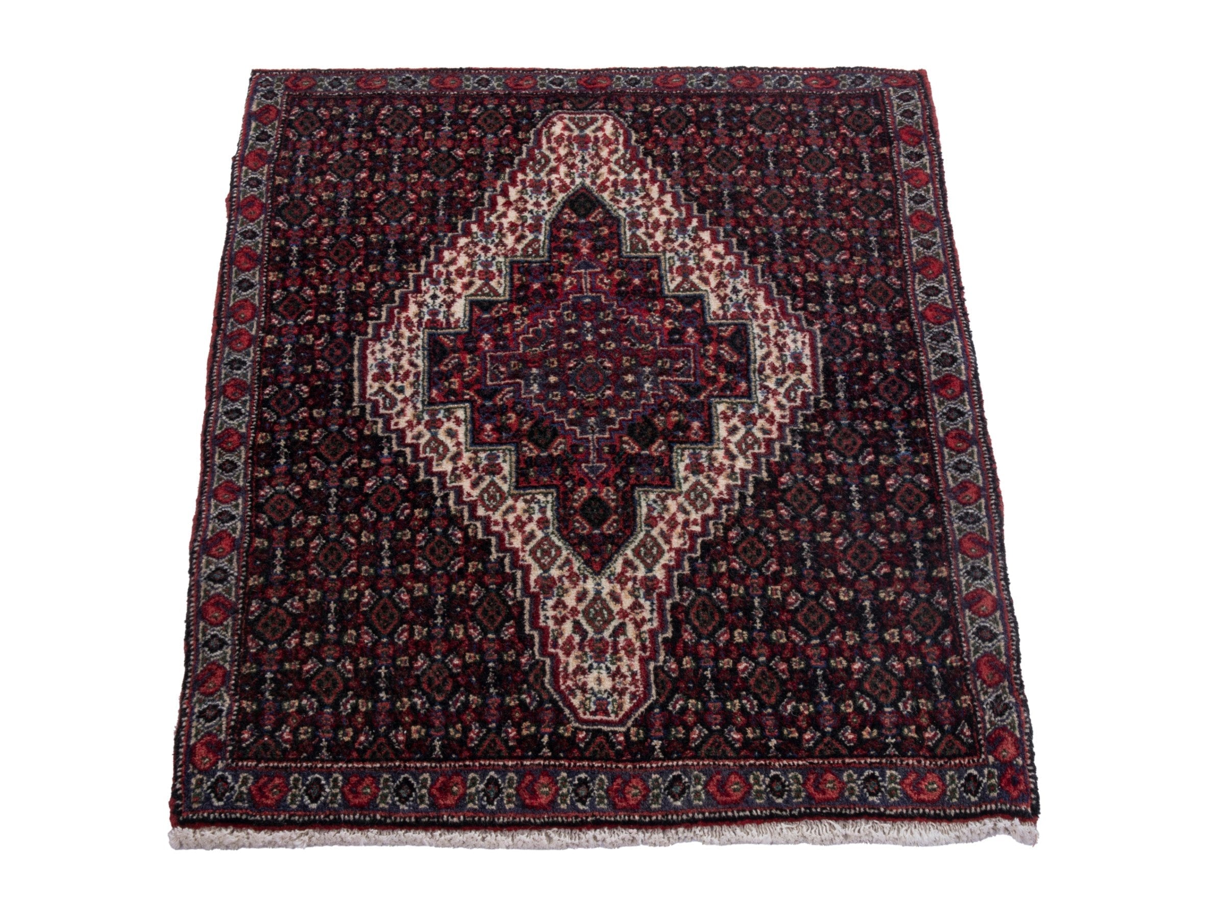 Persian Sanandaj accent rug in burgundy and ivory, view 2 of 7