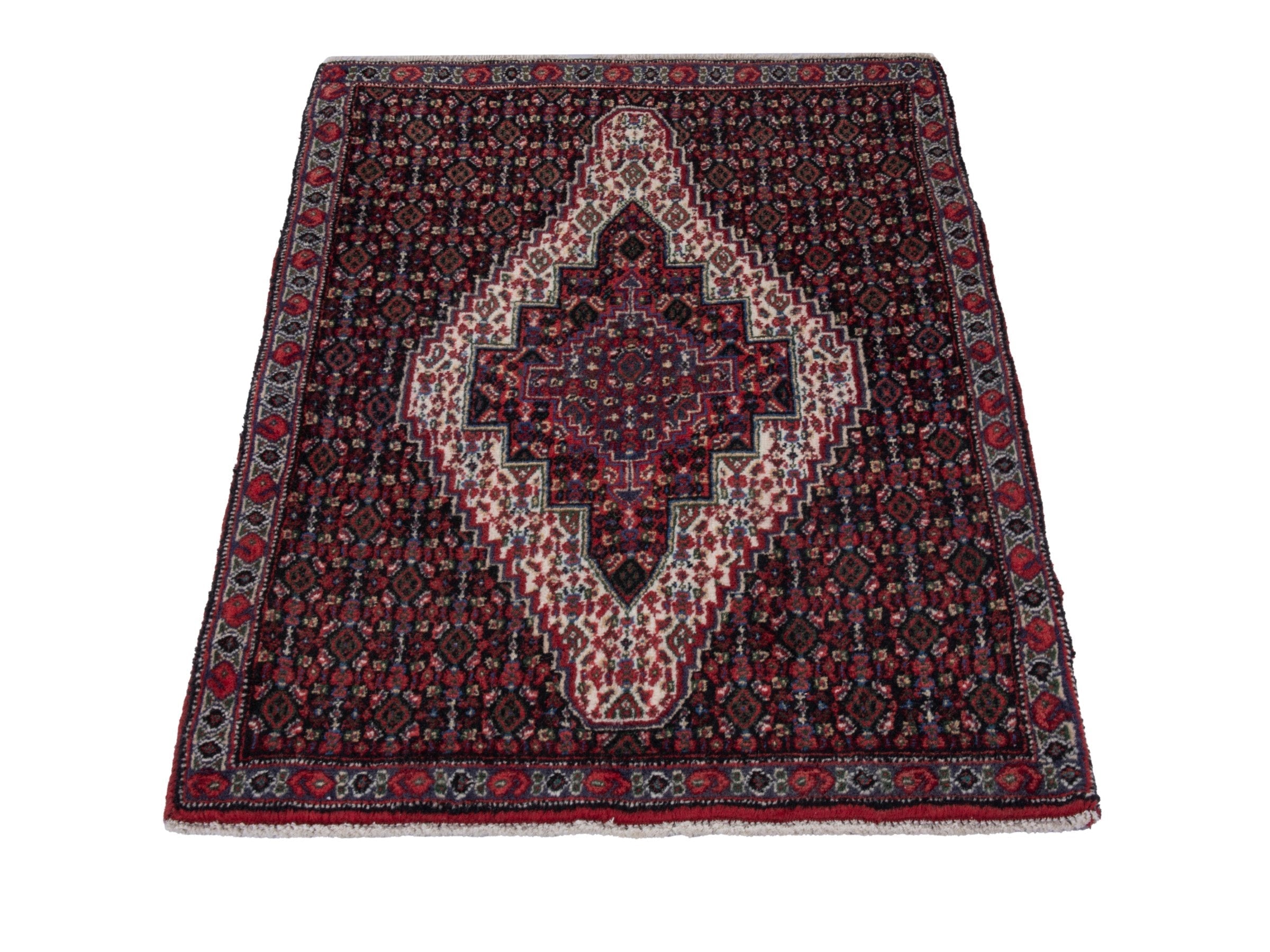 Persian Sanandaj accent rug in burgundy and ivory, view 3 of 7