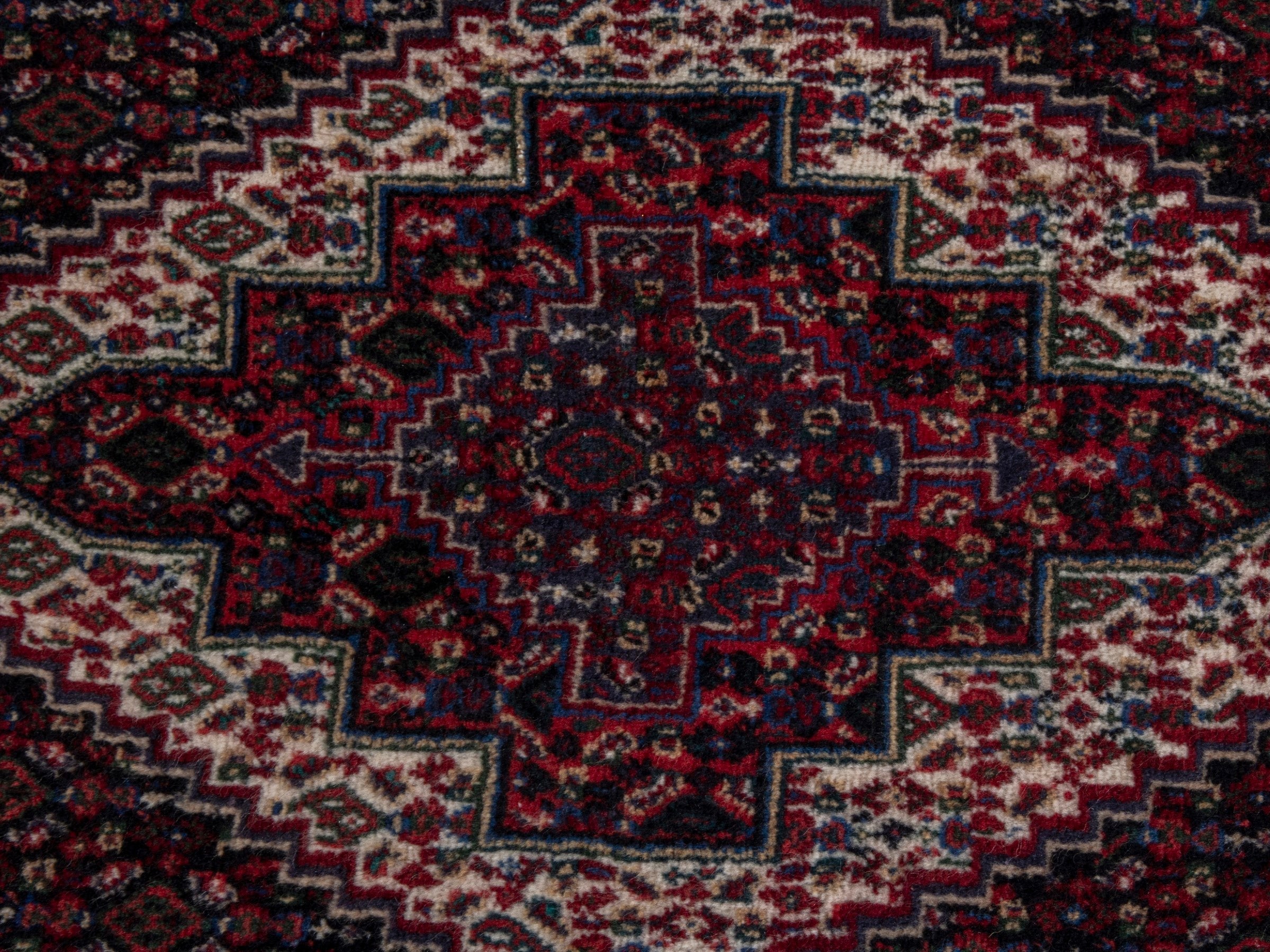 Persian Sanandaj accent rug in burgundy and ivory, view 6 of 7