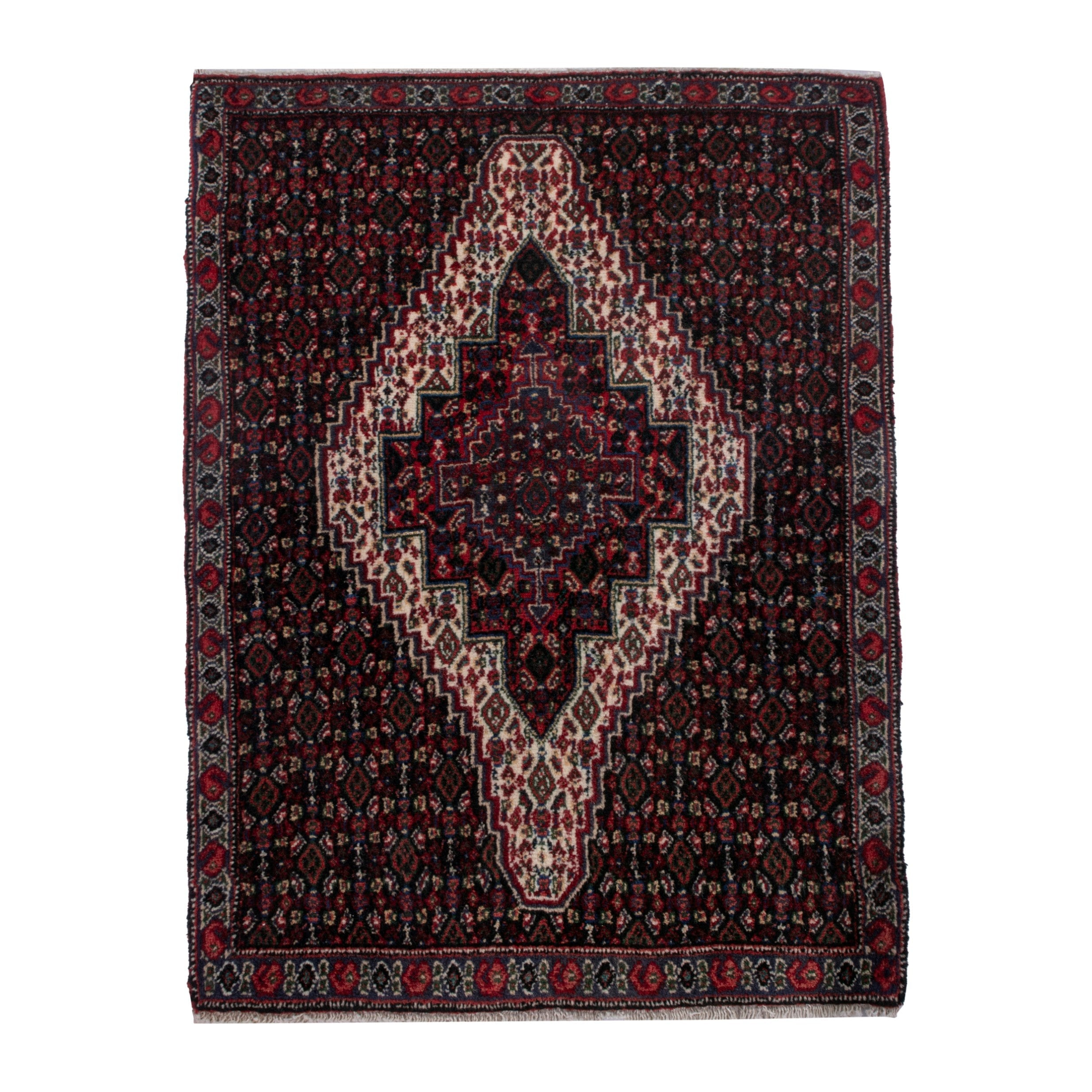 Persian Sanandaj accent rug in burgundy and ivory, 2'2" x 3'1"