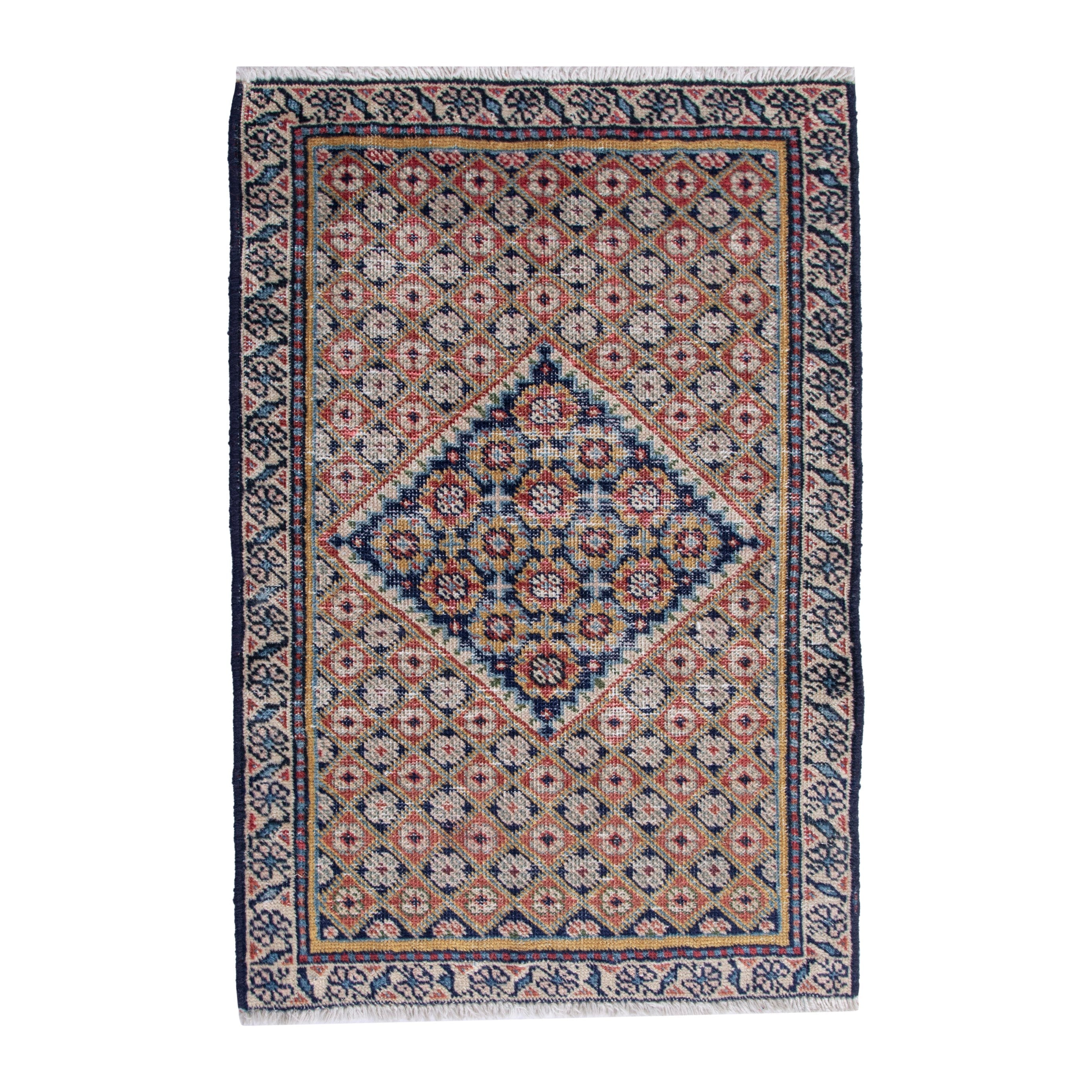 Persian Ardabil accent rug in cream and navy, 1'9" x 2'5"