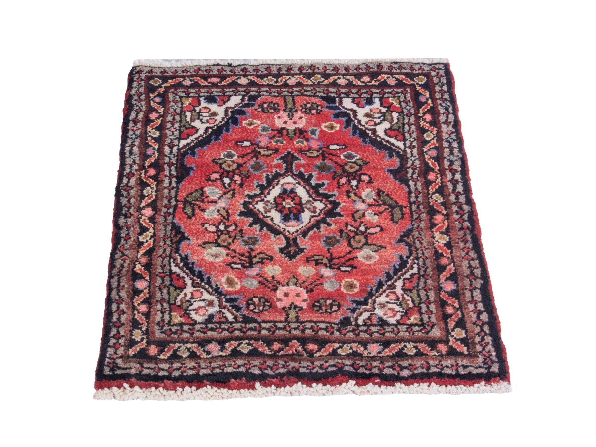 Persian Hamedan accent rug in deep red and navy, view 2 of 8