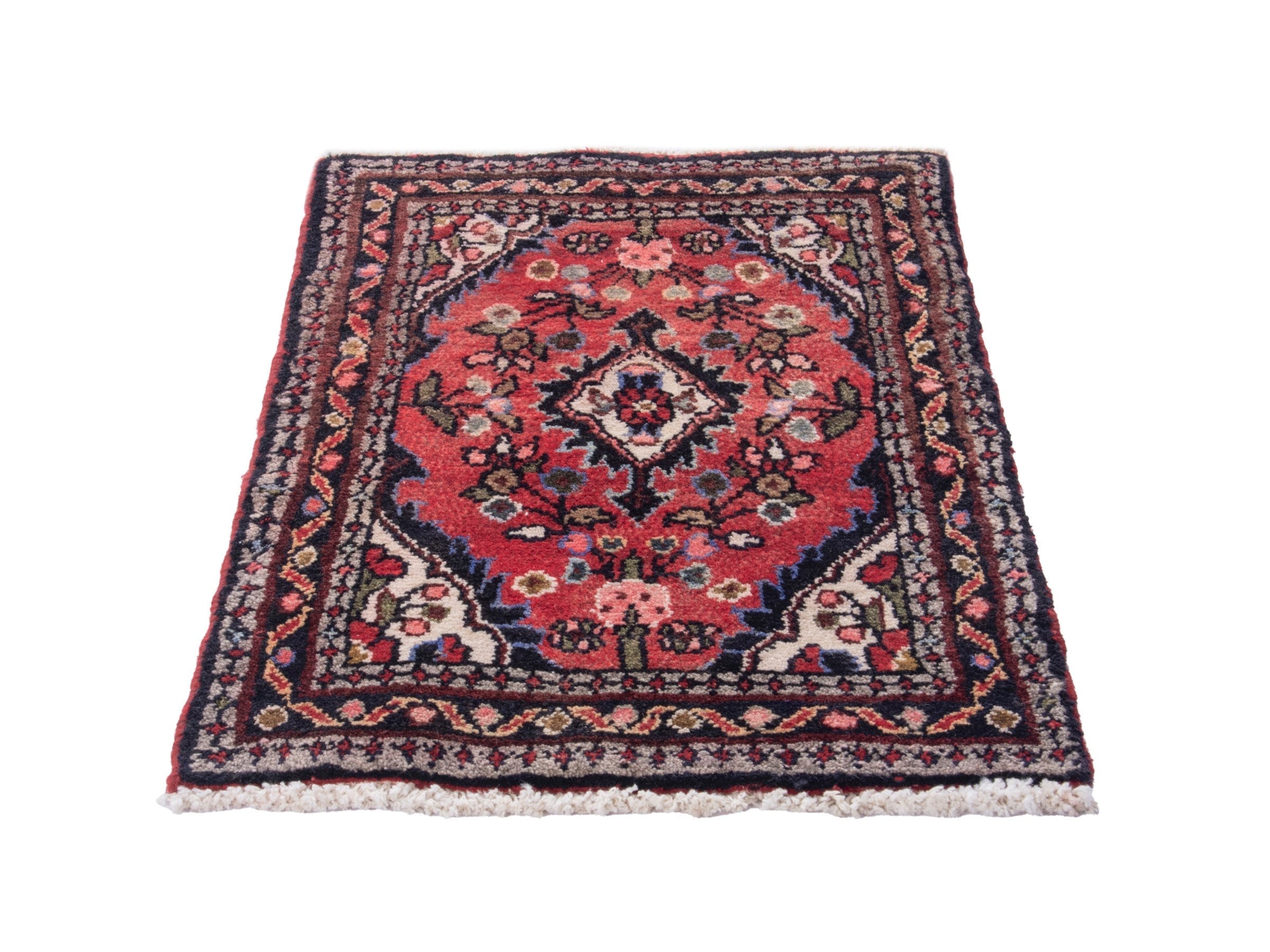 Persian Hamedan accent rug in deep red and navy, view 3 of 8