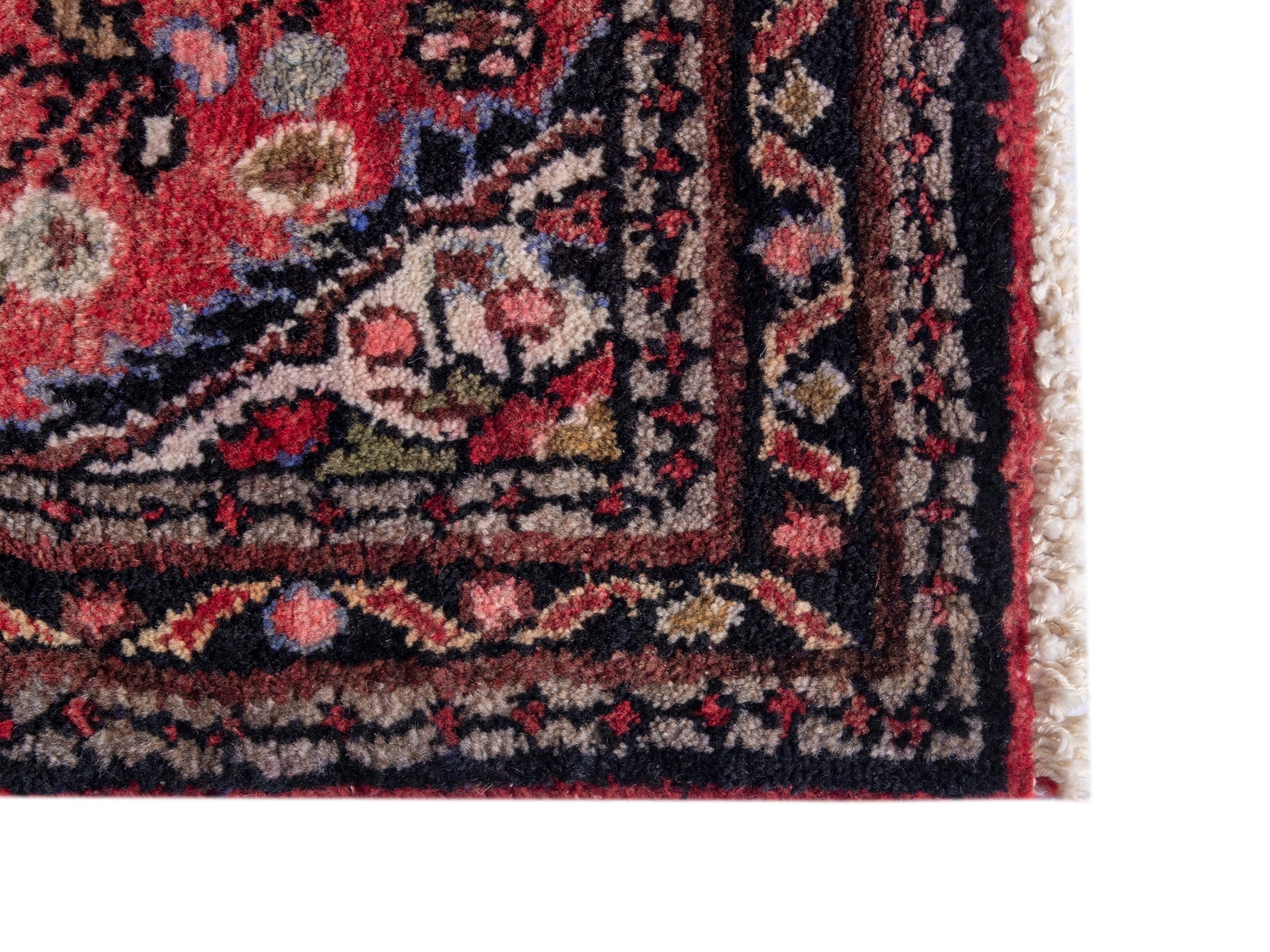 Persian Hamedan accent rug in deep red and navy, view 4 of 8