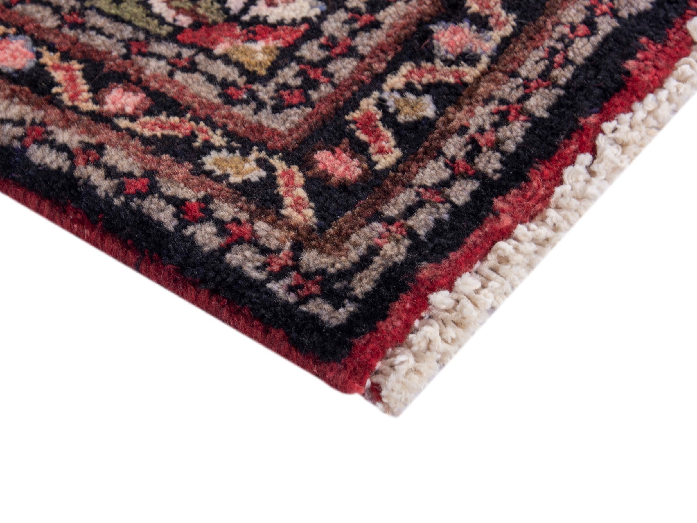 Persian Hamedan accent rug in deep red and navy, view 5 of 8