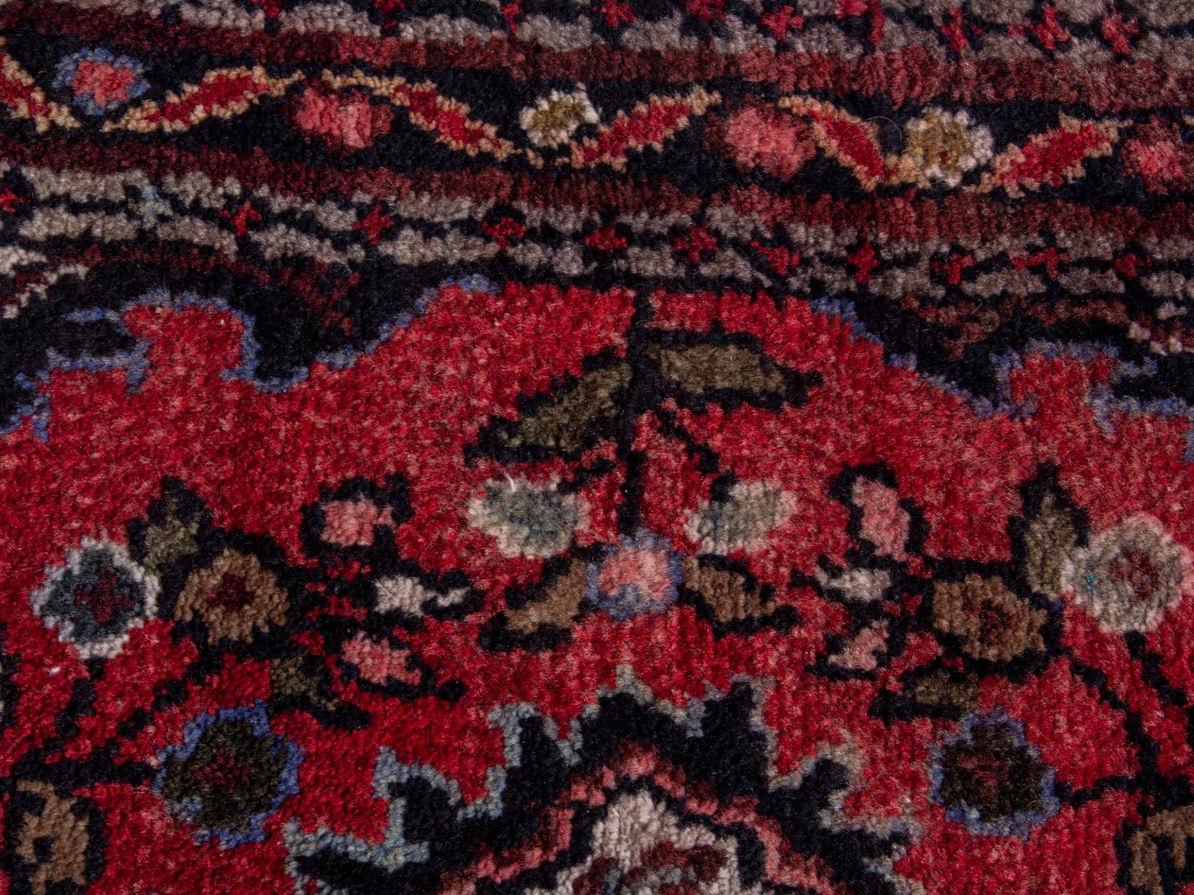 Persian Hamedan accent rug in deep red and navy, view 7 of 8
