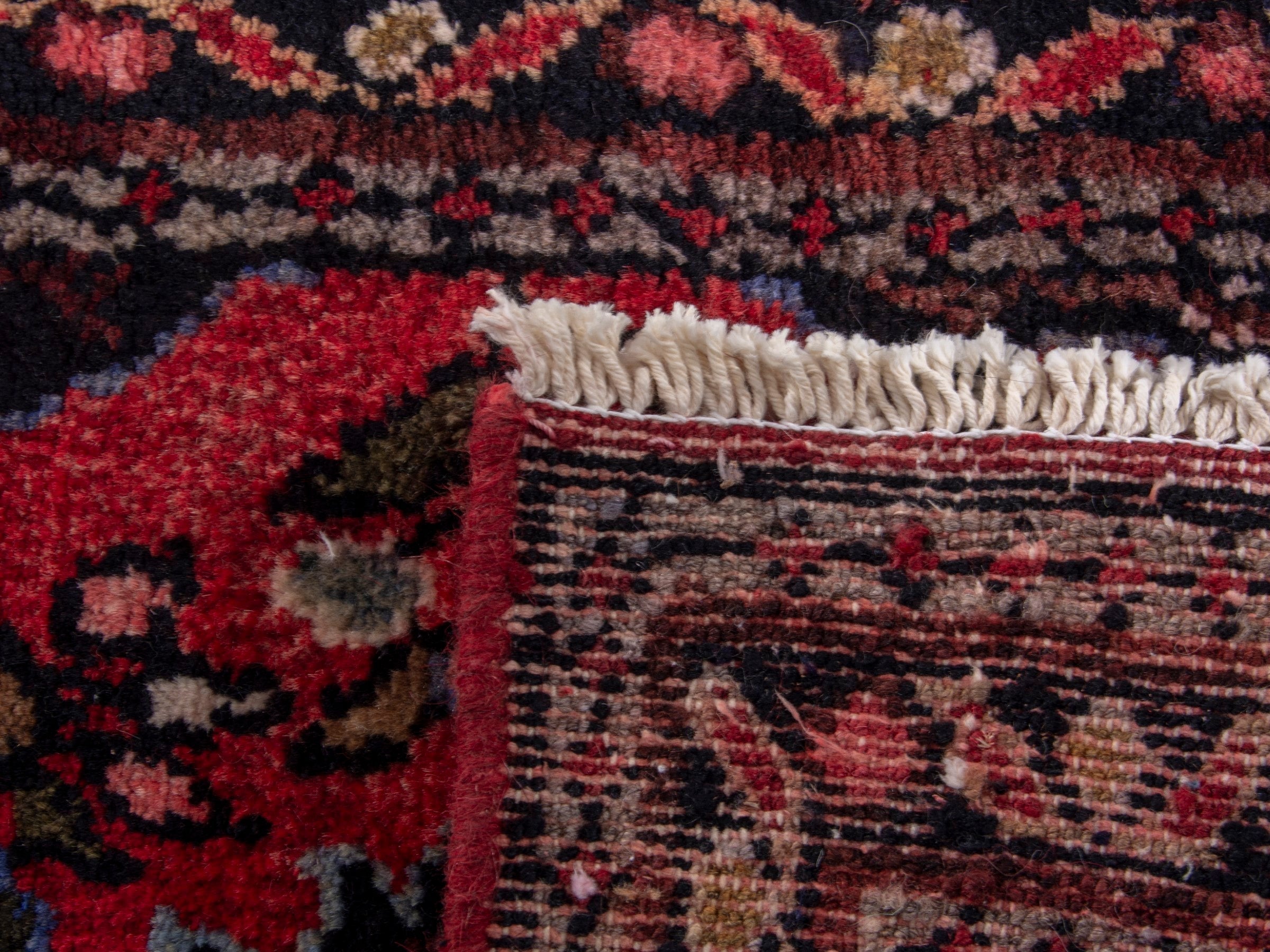 Persian Hamedan accent rug in deep red and navy, view 8 of 8