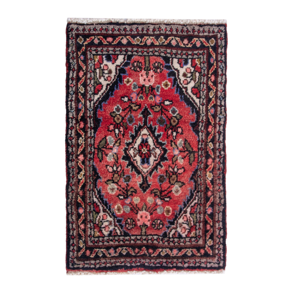 Persian Hamadan accent rug in deep red and navy, 1'10" x 2'8"