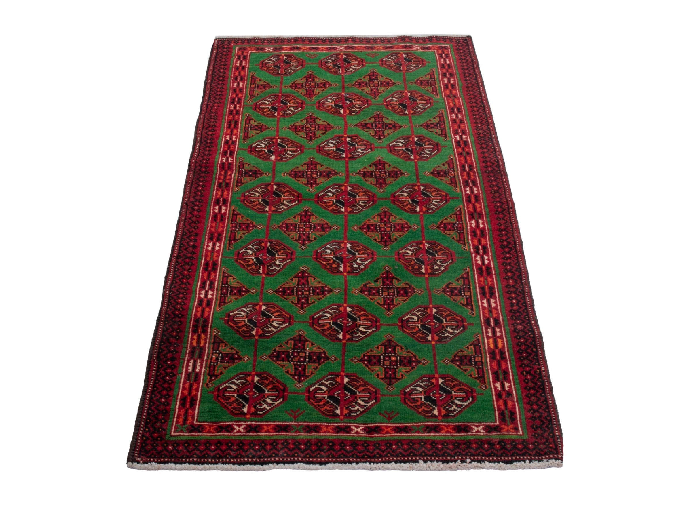 Persian Torkaman accent rug in emerald and deep red, view 2 of 7