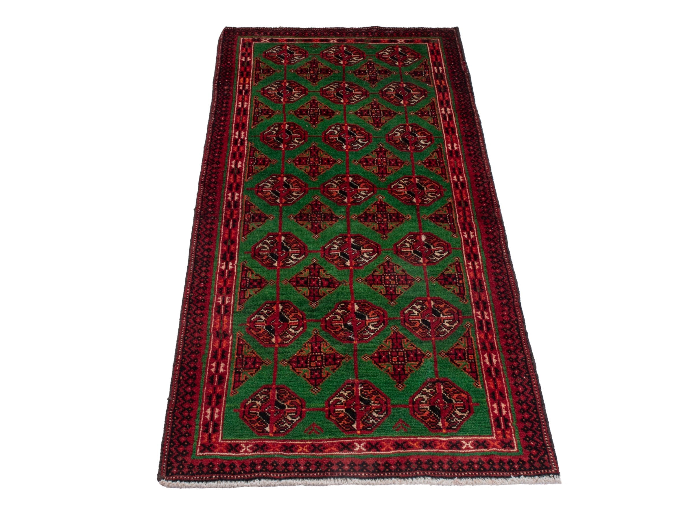 Persian Torkaman accent rug in emerald and deep red, view 3 of 7