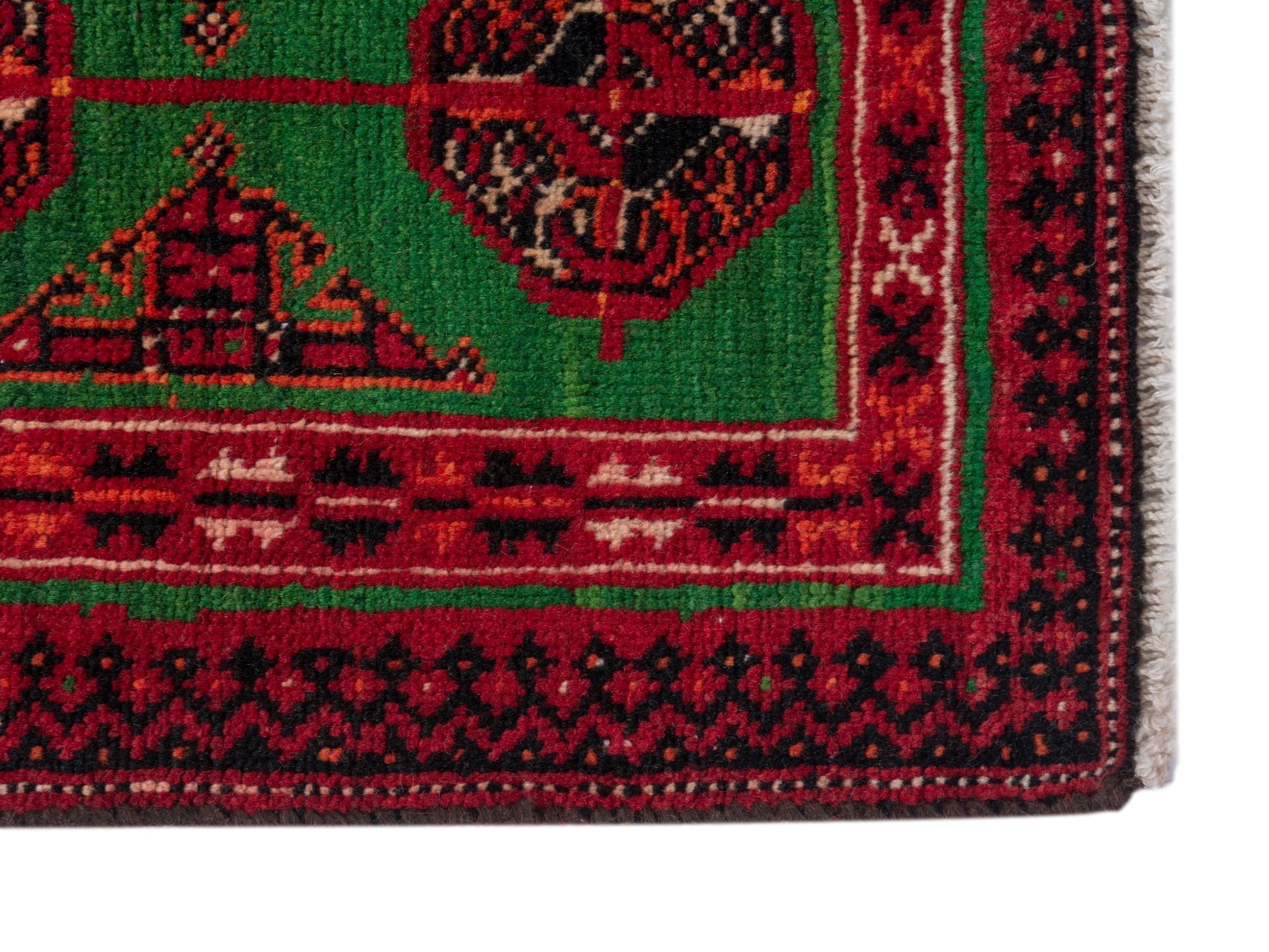 Persian Torkaman accent rug in emerald and deep red, view 4 of 7