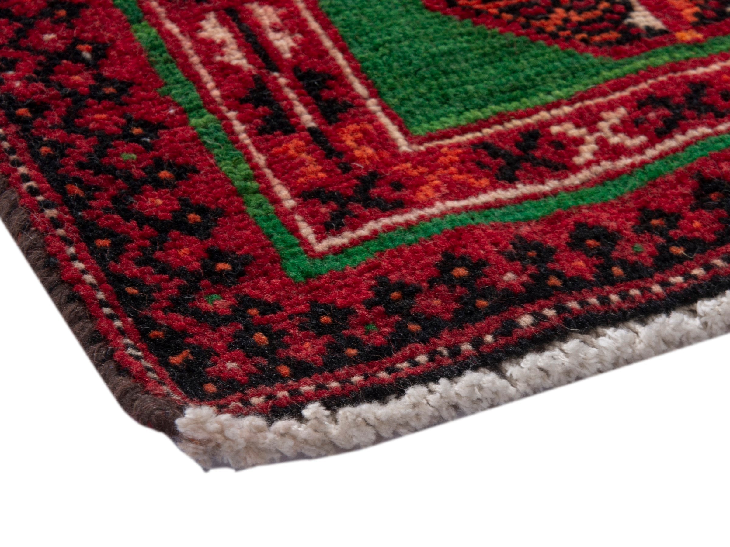 Persian Torkaman accent rug in emerald and deep red, view 5 of 7