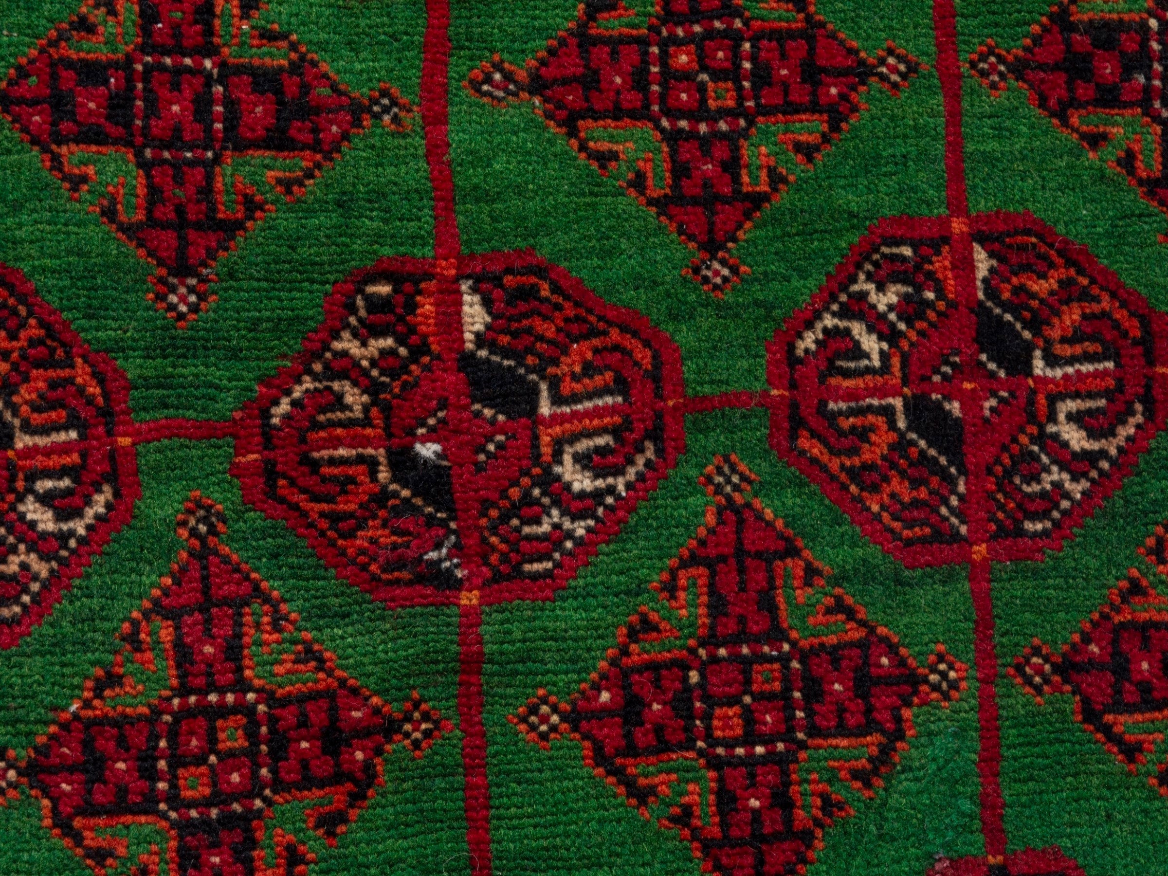 Persian Torkaman accent rug in emerald and deep red, view 6 of 7