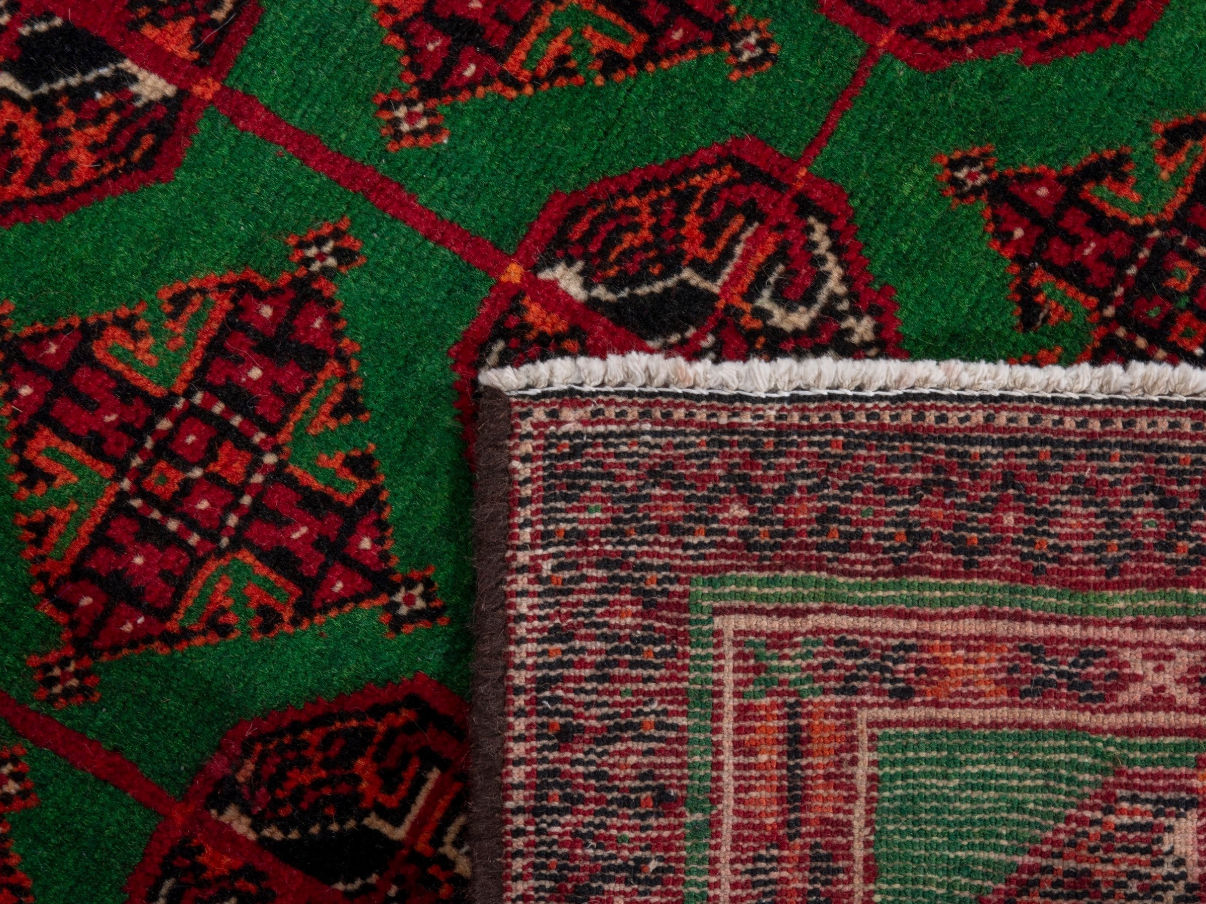 Persian Torkaman accent rug in emerald and deep red, view 7 of 7
