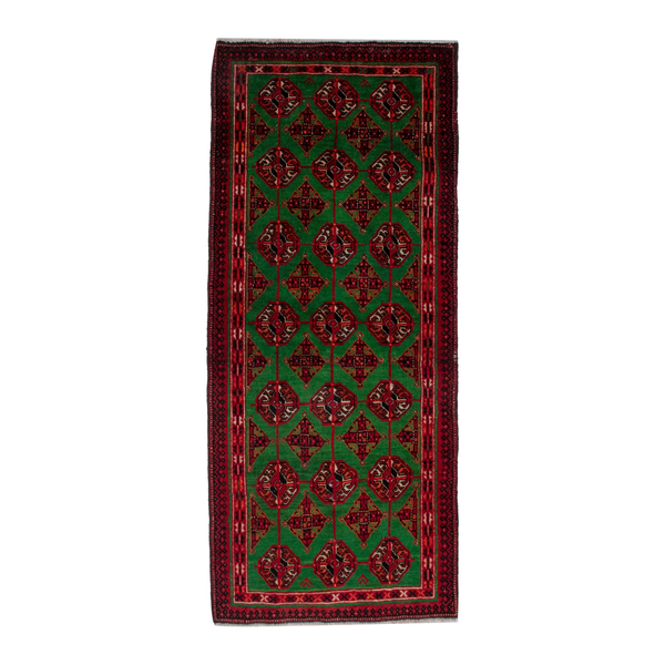 Persian Torkaman accent rug in emerald and deep red, 2'4" x 4'9"