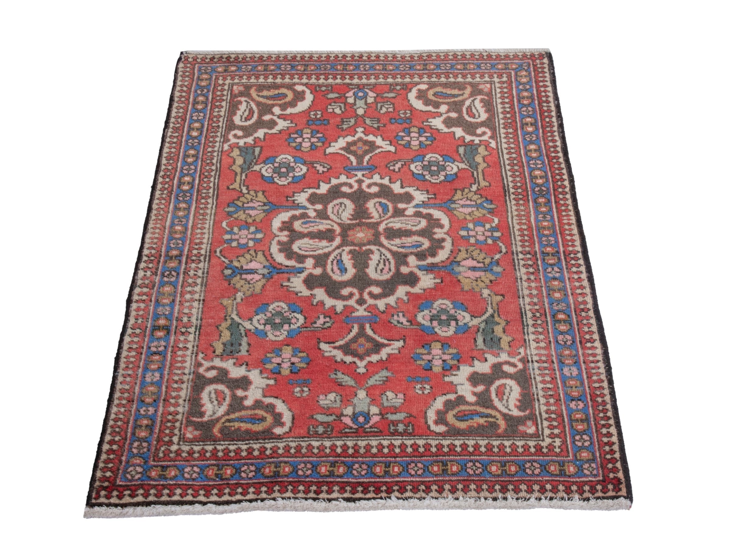 Persian Bijar accent rug in deep red and dark blue, view 2 of 6
