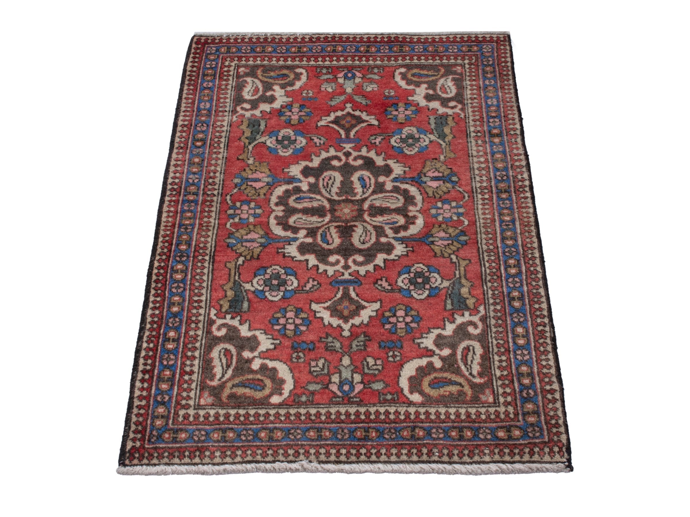 Persian Bijar accent rug in deep red and dark blue, view 3 of 6