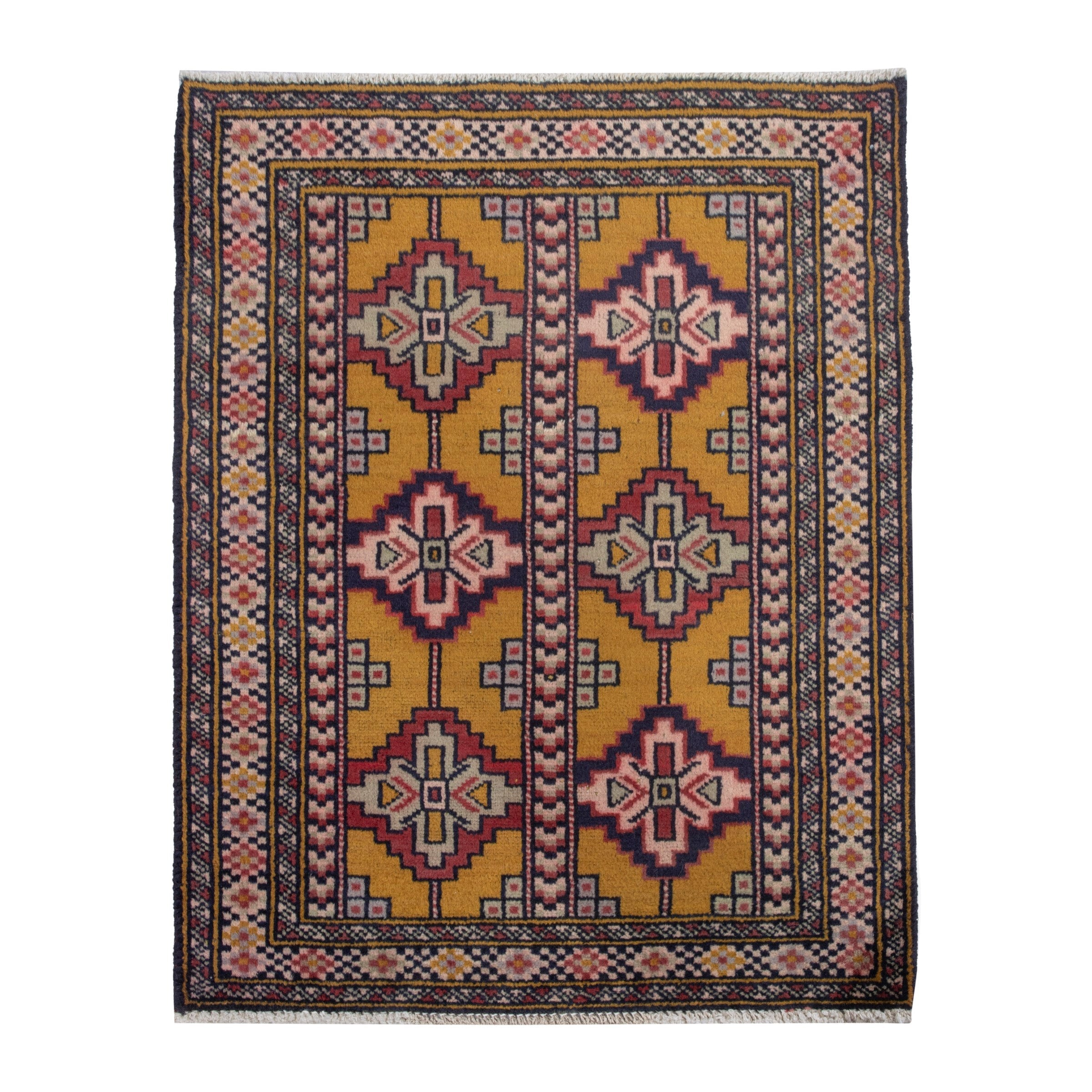Persian Torkaman accent rug in mustard and burgundy, 2' x 2'6"