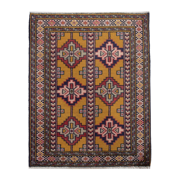 Persian Torkaman accent rug in mustard and burgundy, 2' x 2'6"