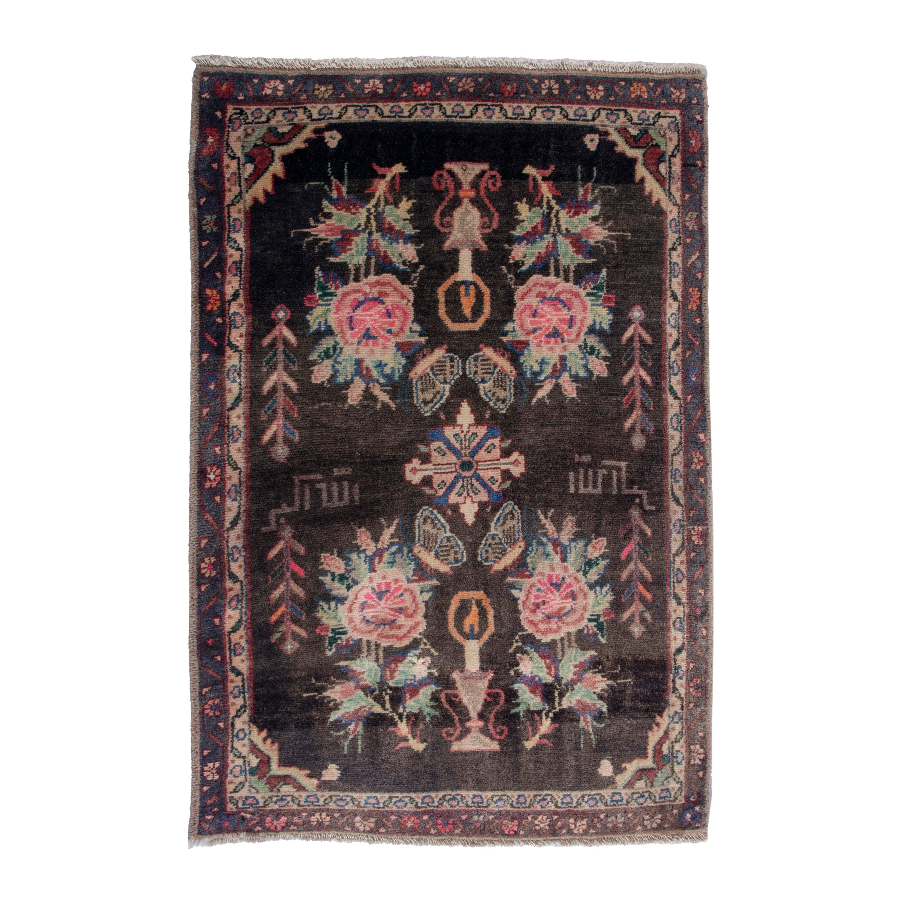 Persian Hamedan accent rug in charcoal and rose, 2'4" x 3'7"